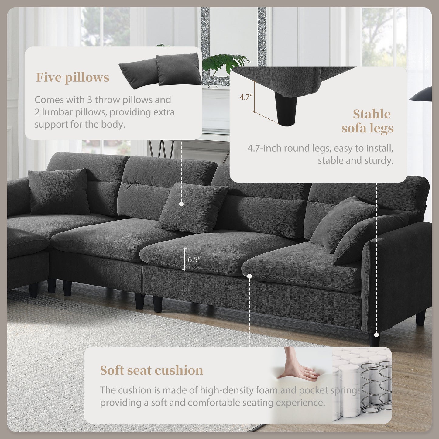 [VIDEO provided][New]110*62" Modern Convertible Sectional Sofa,L-shaped Reversible Couch Set with Free Pillows,5 Seat Cloud Chenille Indoor Furniture with Ottoman for Living Room,Apartment,3 Colors