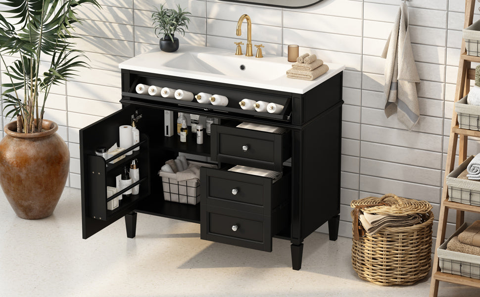 36'' Bathroom Vanity with Top Sink, Modern Bathroom Storage Cabinet with 2 Drawers and a Tip-out Drawer, Single Sink Bathroom Vanity