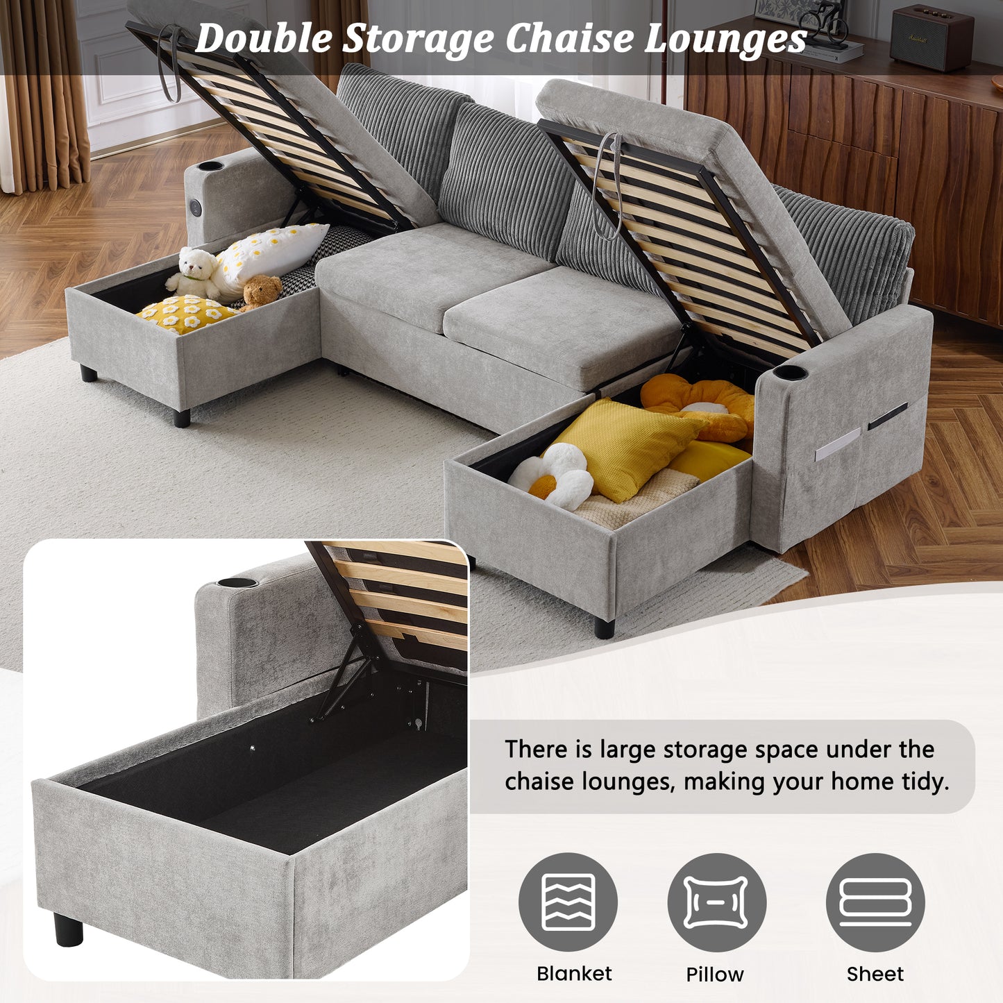 111.8" Sectional Sofa Pull-out Sofa Bed Versatile Sofa Sleeper with Large Storage Space, Two USB Ports and Two Cup Holders for Living Room, Grey