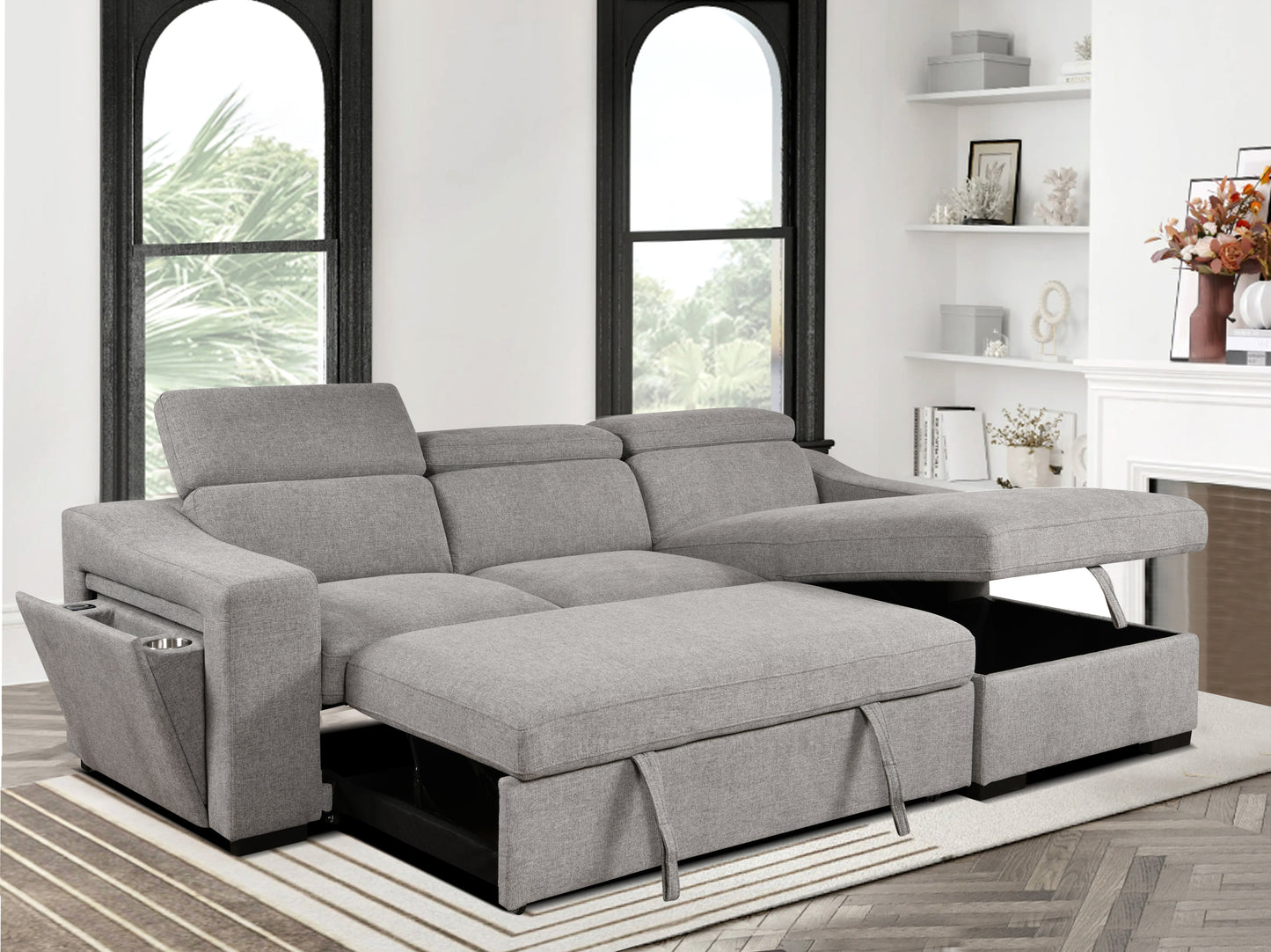 103'' inch Convertible Sectional Sofa with Storage Chaise, Adjustable Headrests, L-shaped Sleeper Corner Sectional Sofa with a Pull-Out Bed ,a USB Charging,and a Cup Holder,Light Gray