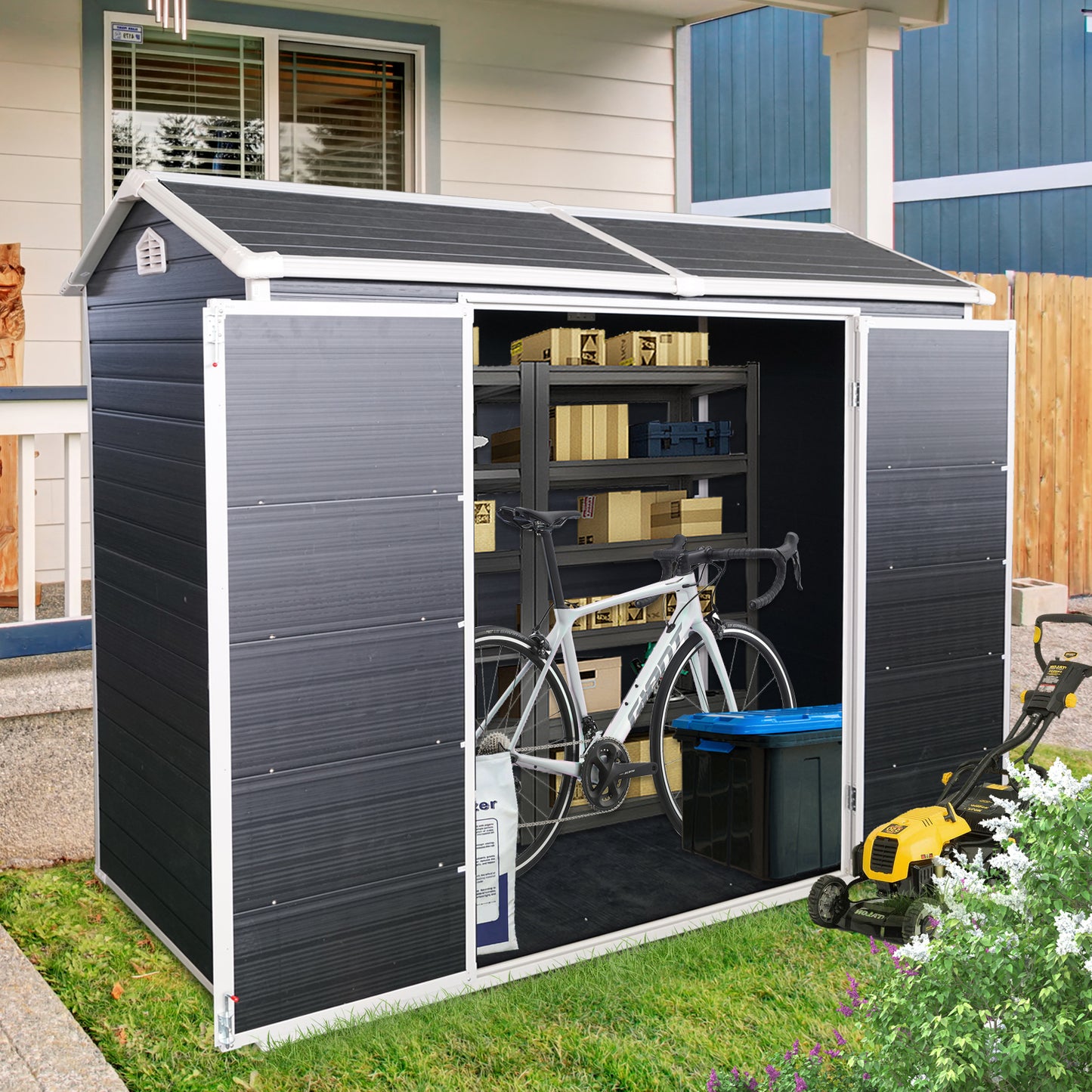 4x8ft Resin Outdoor Storage Shed with Two-Window and Double-Door,Plastic Shed with Floor for Gargen,Patio,Yard,Lawn,Black