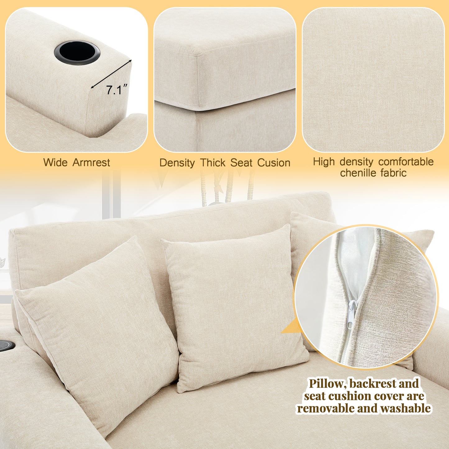 55" Oversized Chaise Lounger Modern Style Sofa Couch ,with Pillows, Charge Station & Cup Holders, Chenille Fabric, Cream