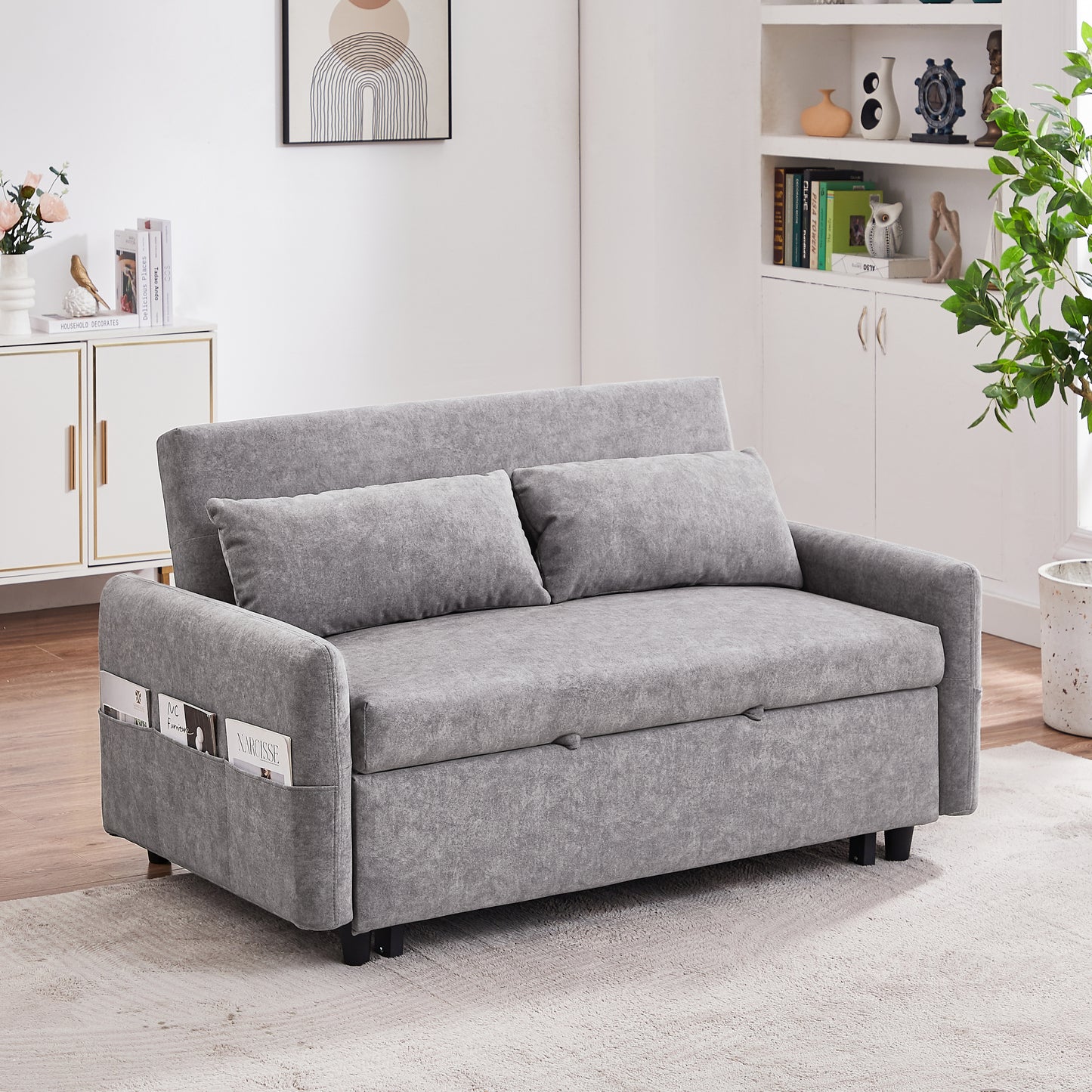 55.1" Pull Out Sleep Sofa Bed Loveseats Sofa Couch with Adjsutable Backrest, Storage Pockets, 2 Soft Pillows, USB Ports for Living Room, Bedroom, Apartment, Office,Grey (Old SKU:WF315689AAE)