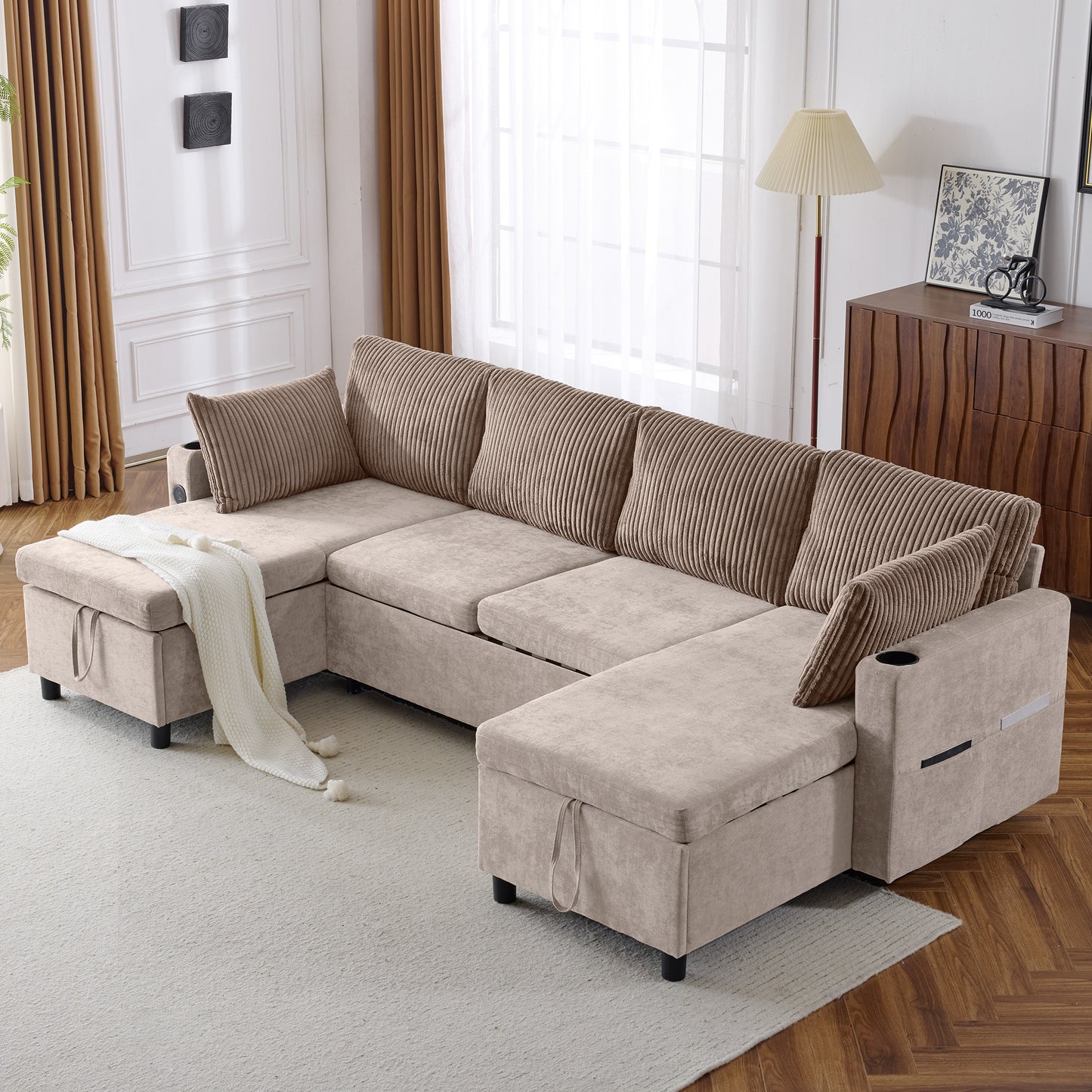 111.8" Sectional Sofa Pull-out Sofa Bed Versatile Sofa Sleeper with Large Storage Space, Two USB Ports and Two Cup Holders for Living Room, Brown