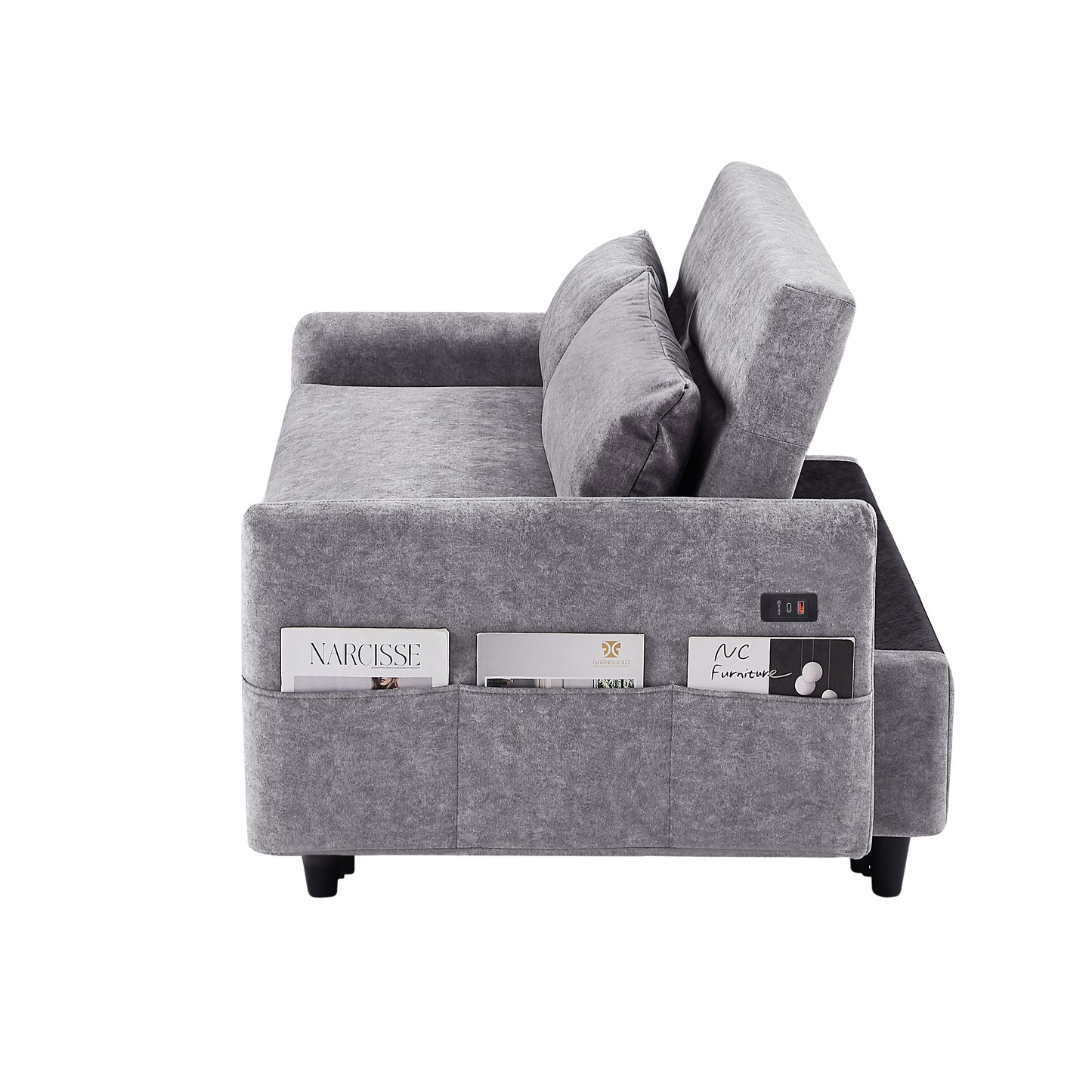 55.1" Pull Out Sleep Sofa Bed Loveseats Sofa Couch with Adjsutable Backrest, Storage Pockets, 2 Soft Pillows, USB Ports for Living Room, Bedroom, Apartment, Office,Grey (Old SKU:WF315689AAE)