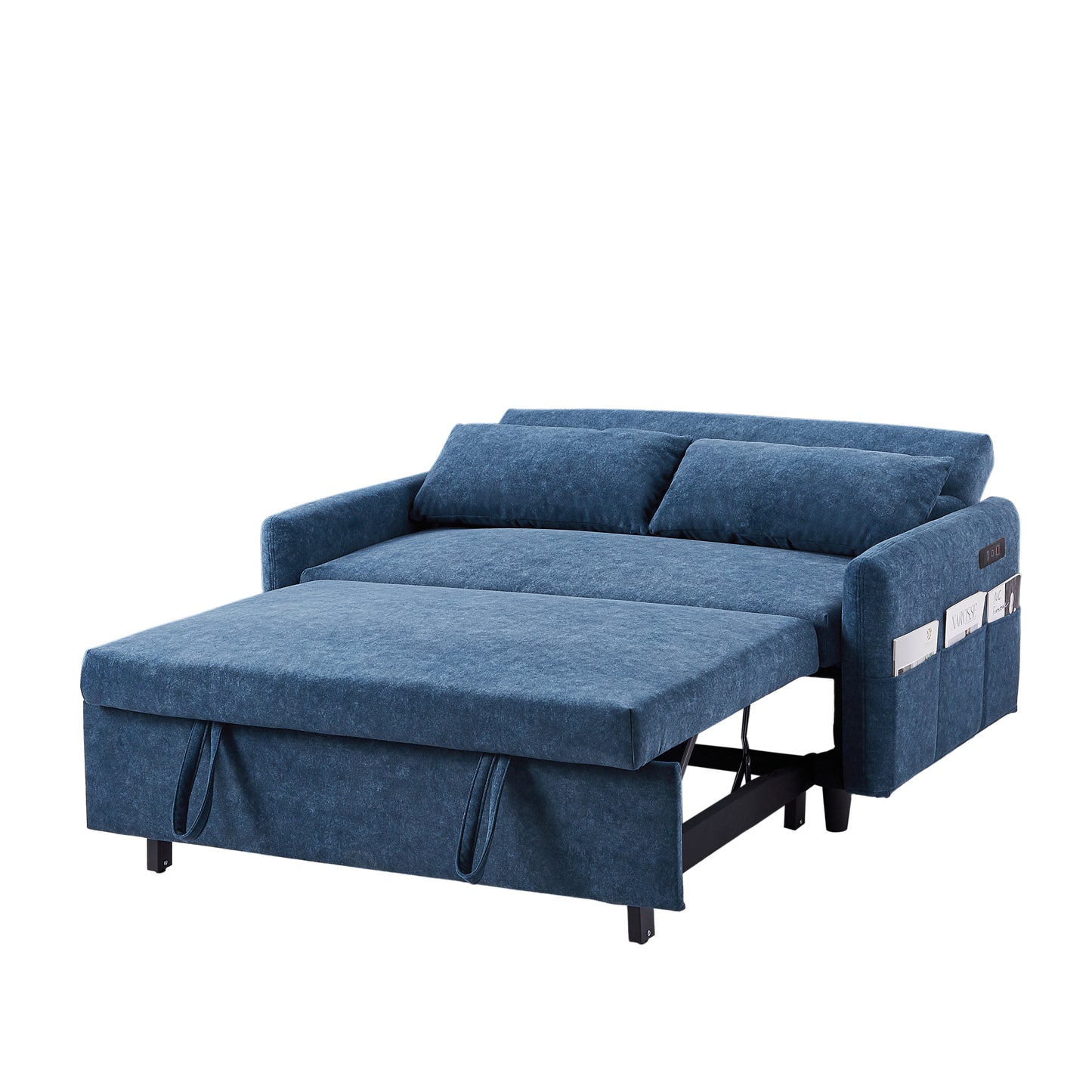 55.1" Pull Out Sleep Sofa Bed Loveseats Sofa Couch with Adjsutable Backrest, Storage Pockets, 2 Soft Pillows, USB Ports for Living Room, Bedroom, Apartment, Office, Blue (Old SKU: WF315689AAC)