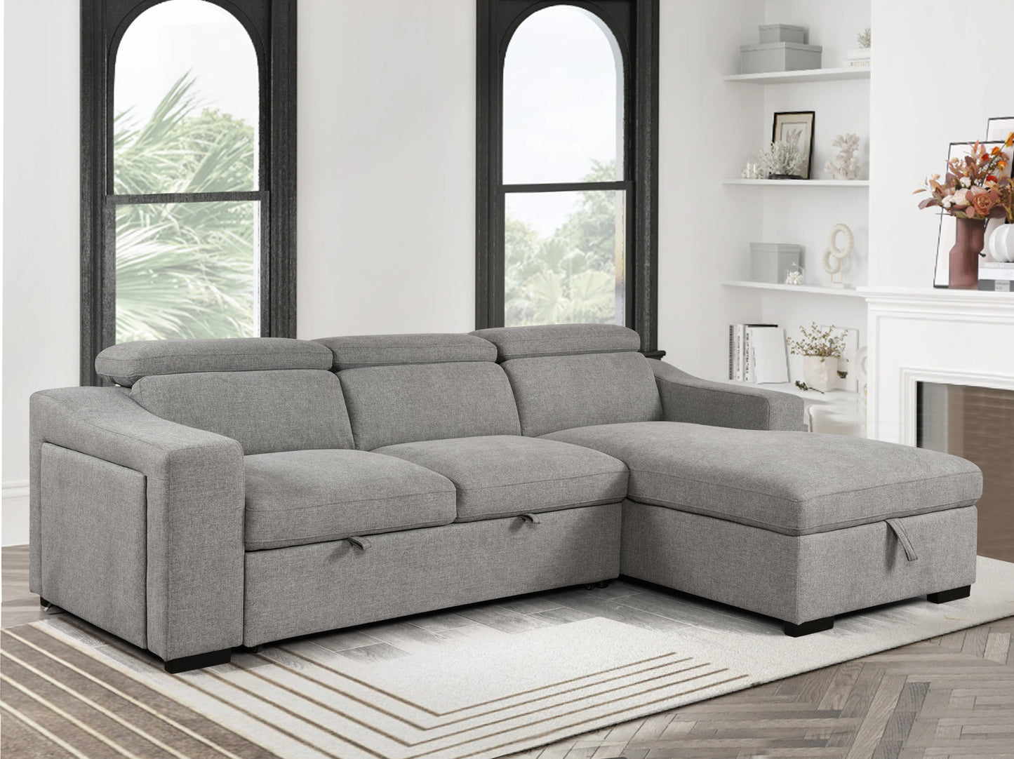 103'' inch Convertible Sectional Sofa with Storage Chaise, Adjustable Headrests, L-shaped Sleeper Corner Sectional Sofa with a Pull-Out Bed ,a USB Charging,and a Cup Holder,Light Gray