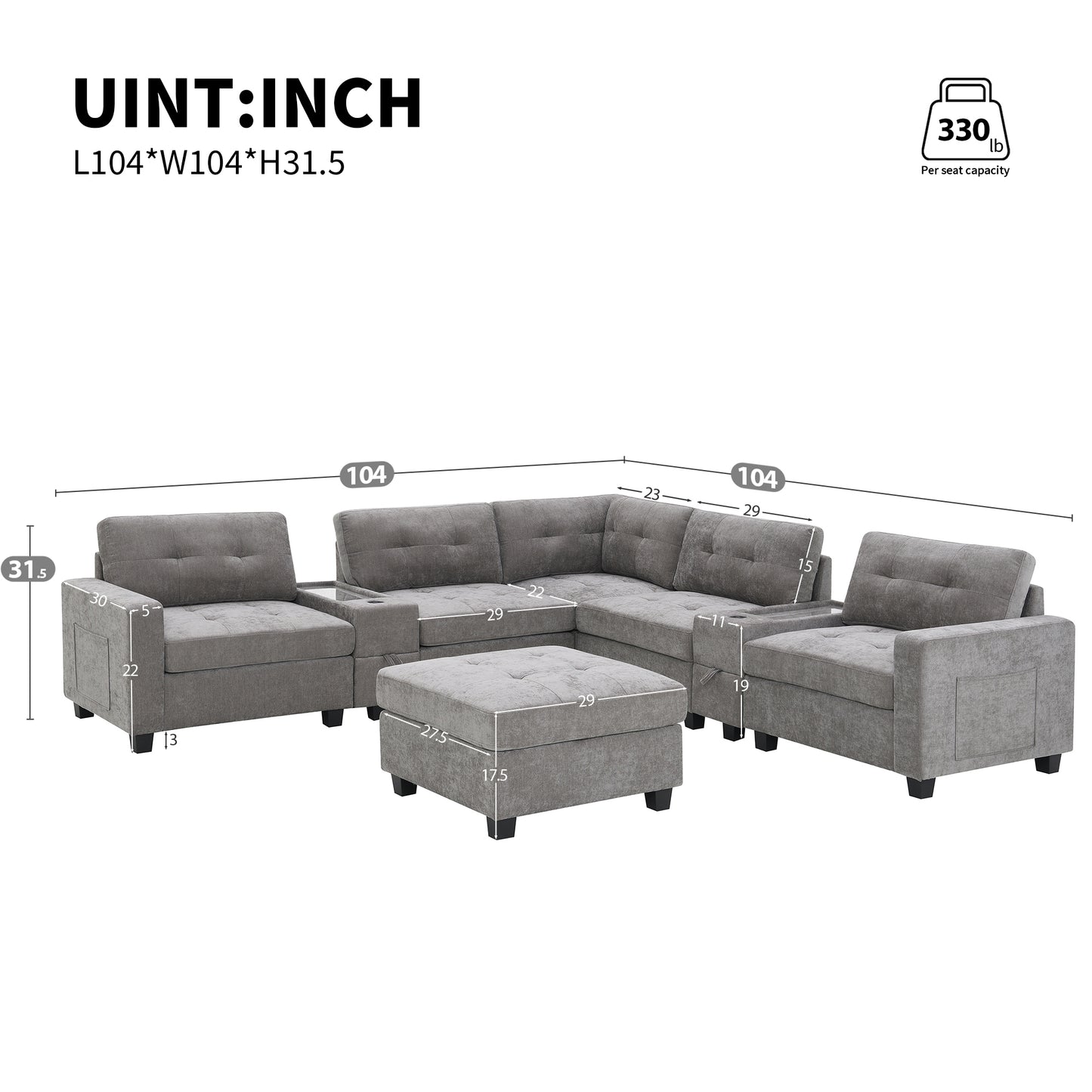 [Video]104'' Sectional Sofa with Acrylic Table Top,Chenille U Shaped Couch Set with 2 Consoles,USB Charger,Storage Drawers and Pockets,Movable Ottoman,Tufted Sofa for Living Room,Apartment,2 Colors