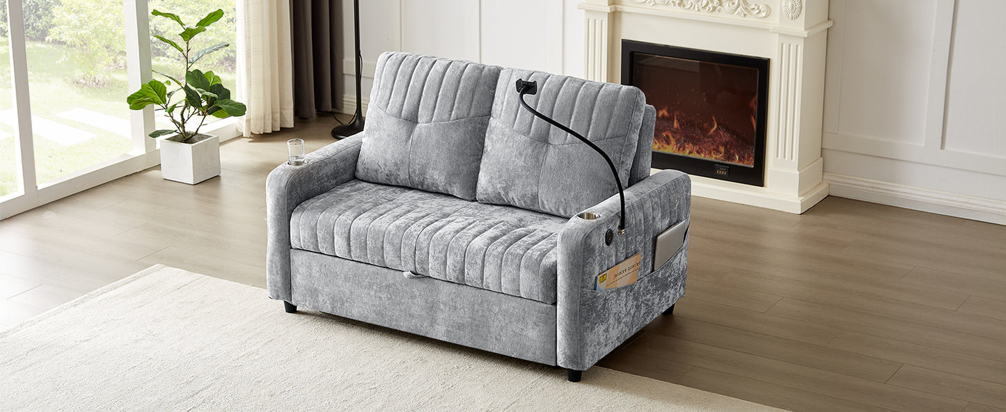 53.9" Modern Loveseat Pull-out Sofa Bed with Adjustable Backrest, Two Cup Holders , a Phone Holder, Three Charging Ports and Side Storage Pockets for Living Room, Grey