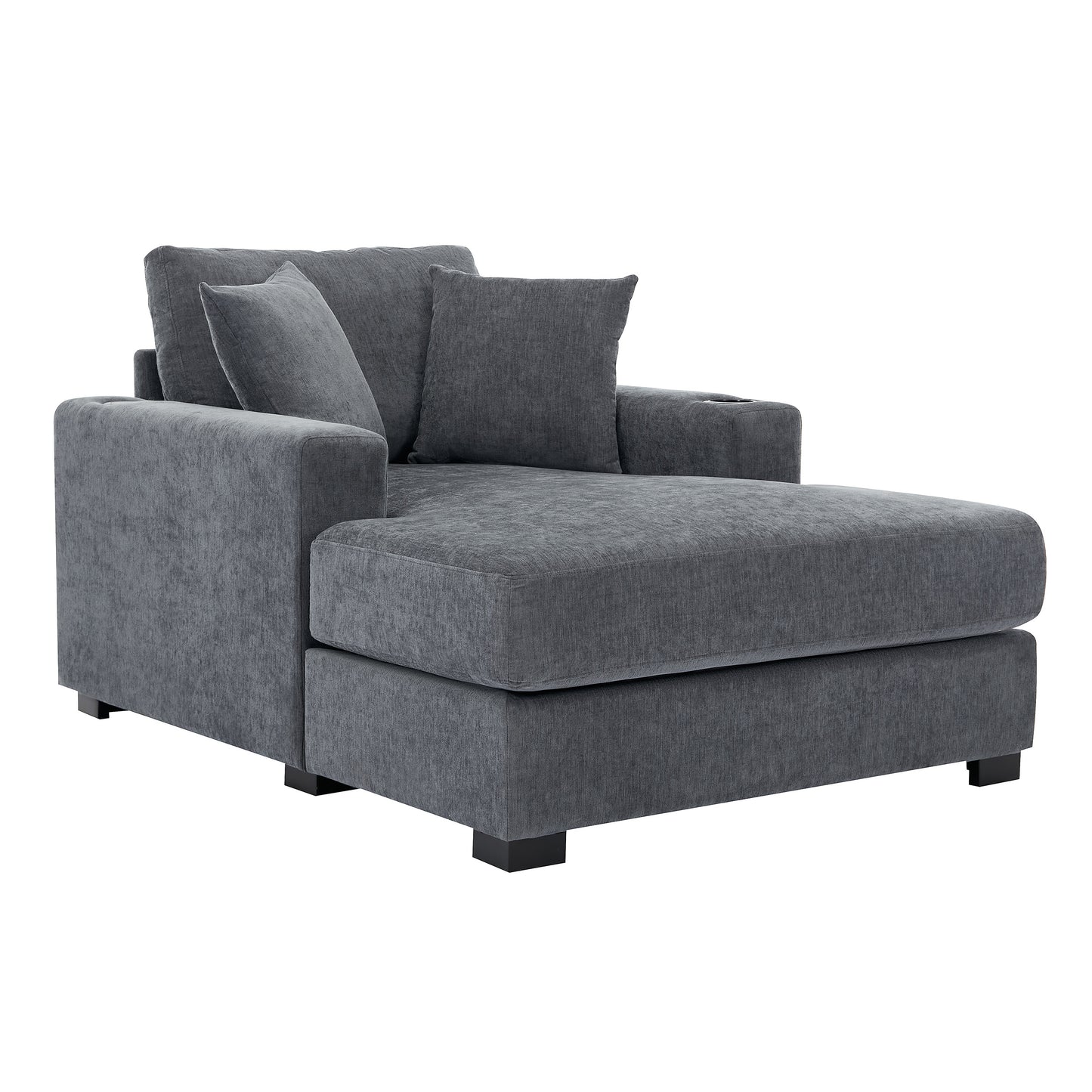 43.5" Oversized Chaise Lounger Modern Style Sofa Couch ,with Pillows, Charge Station & Cup Holders, Chenille Fabric, Blue Gray