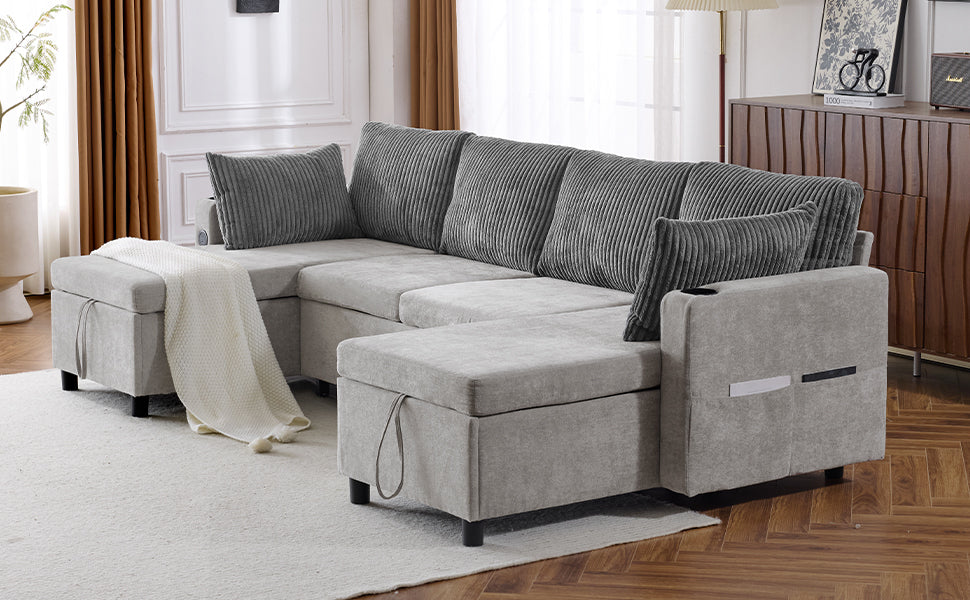 111.8" Sectional Sofa Pull-out Sofa Bed Versatile Sofa Sleeper with Large Storage Space, Two USB Ports and Two Cup Holders for Living Room, Grey