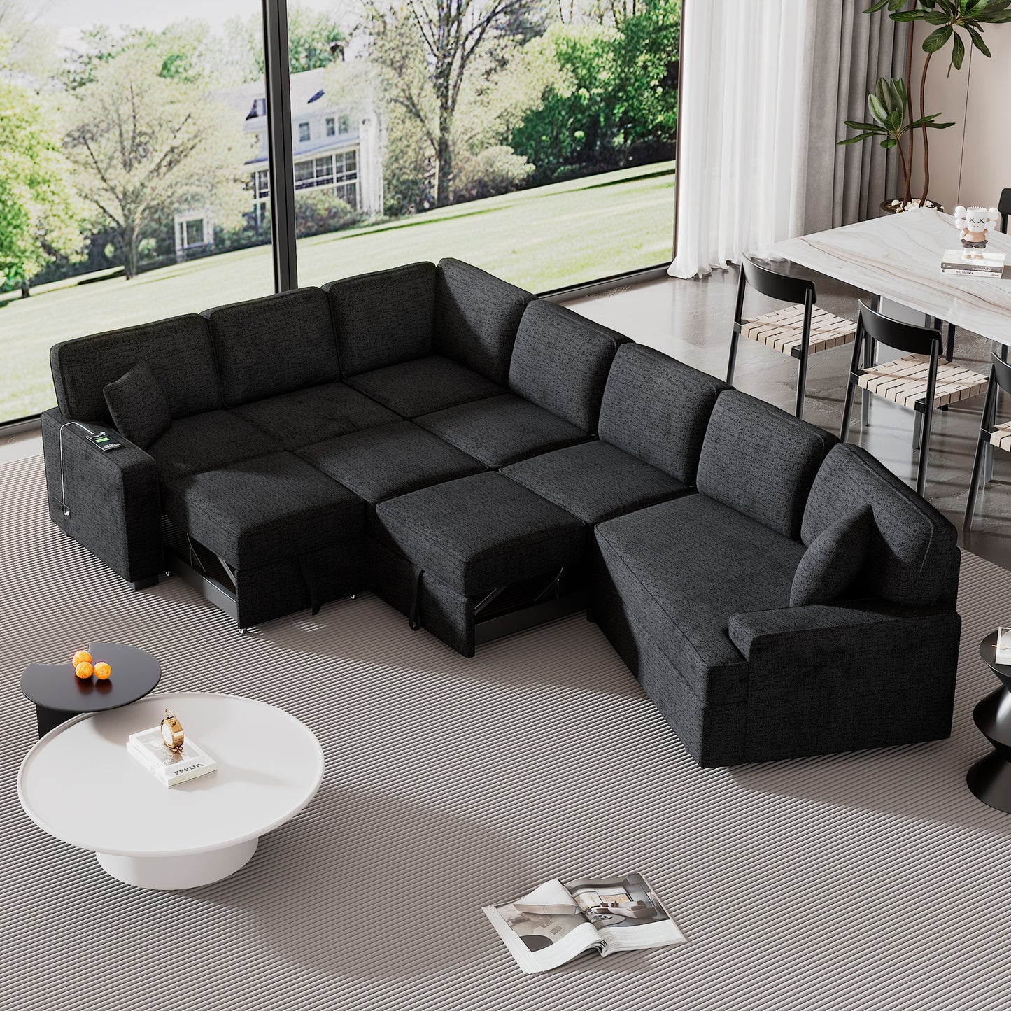 126" L-shaped Sofa Sectional Sofa Couch Pull-out Sofa Bed with Charging Devices and Cup Holders for Living Room, Blue Black