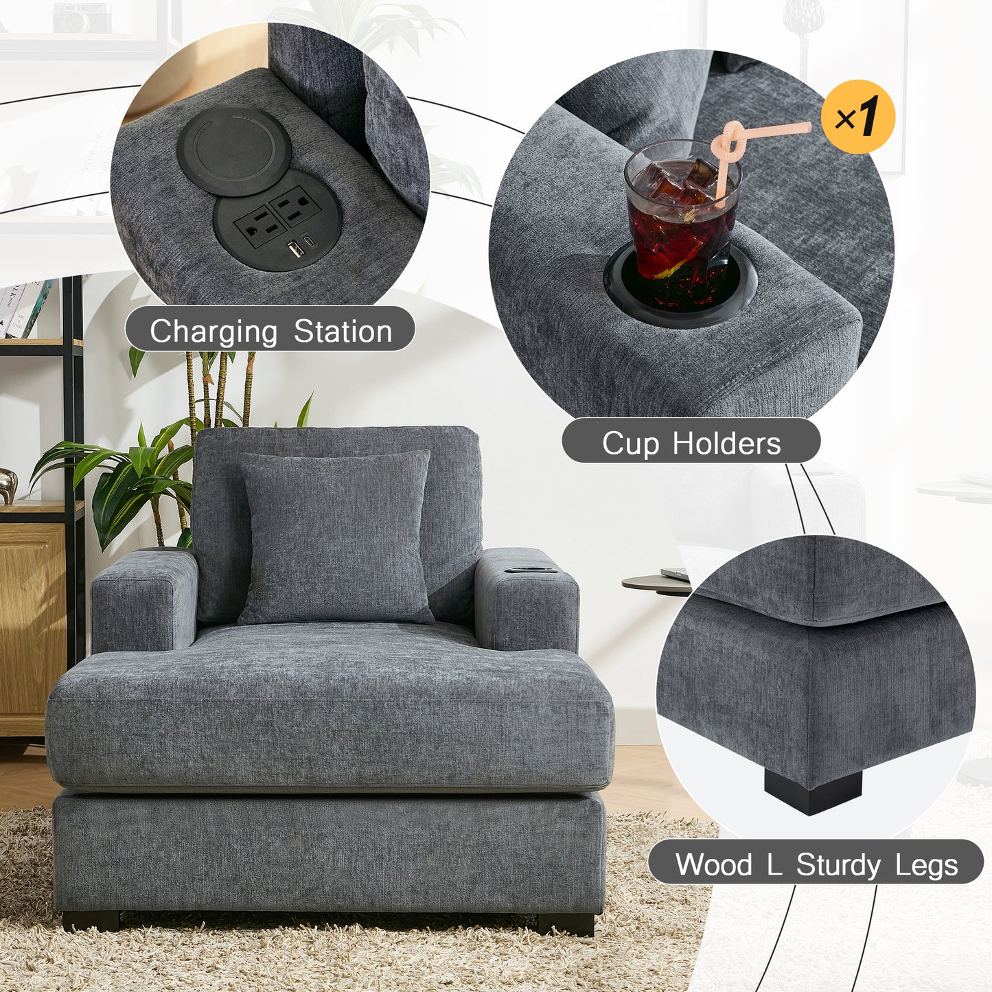 39.7" Oversized Chaise Lounger Modern Style Sofa Couch ,with Pillows, Charge Station & Cup Holders, Chenille Fabric, Blue Gray