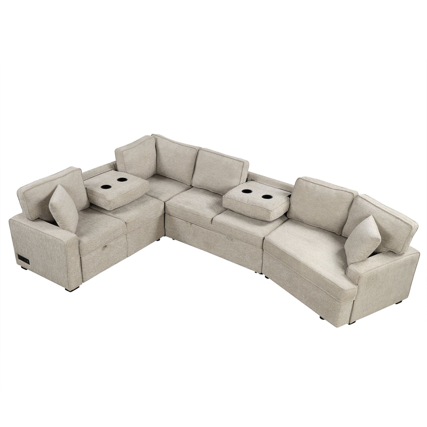 126" L-shaped Sofa Sectional Sofa Couch Pull-out Sofa Bed with Charging Devices and Cup Holders for Living Room, Beige