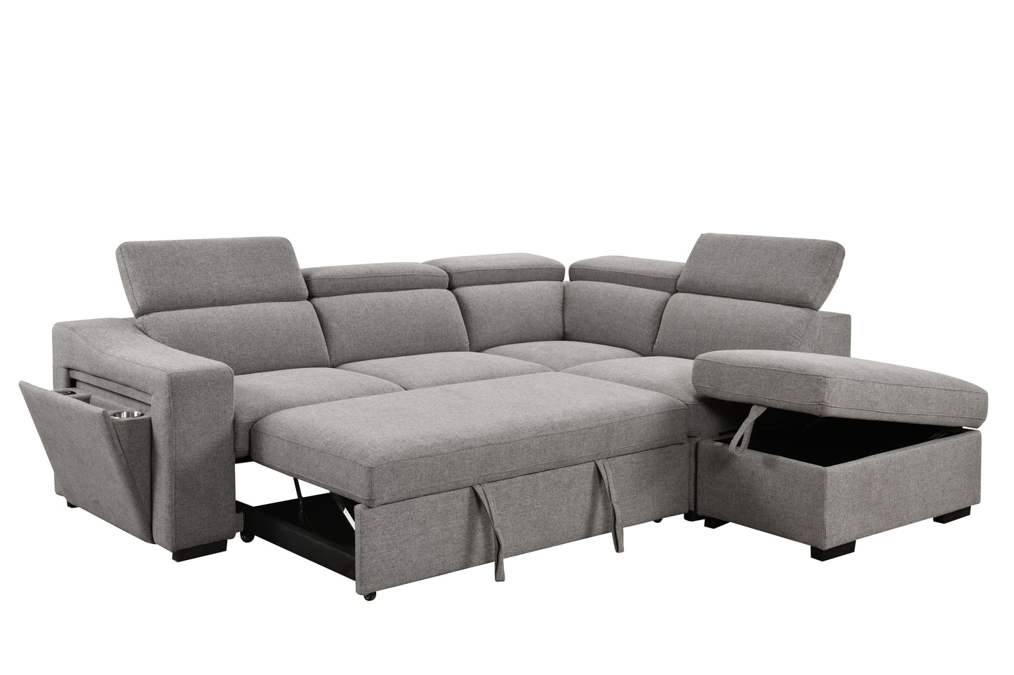 105"L-Shape Sectional Sofa with Pull-Out Bed and Ottoman Storage Space, Convertible Sleeper Couch, Arm with 1 Cup Holders and Wirelessly Charged, for Living Room, Apartment, Light Gray