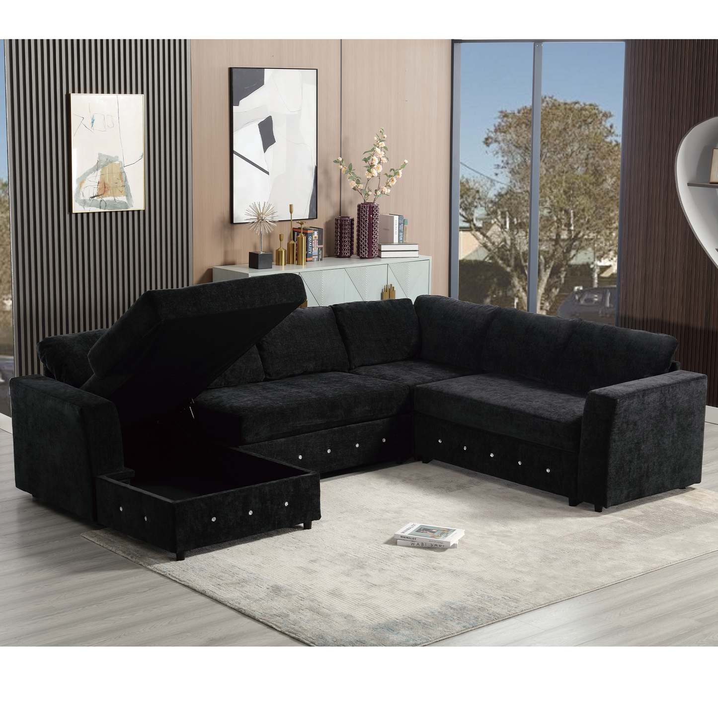 [NEW ARRIVED] [VIDEO PROVIDED]110.75" Sectional Sofa,Oversized modular sofa,Chaise Storage, Modern U Shaped  Couch , Upholstered Sofas,Chenille,Crystal button , Living Room, Apartment, Black