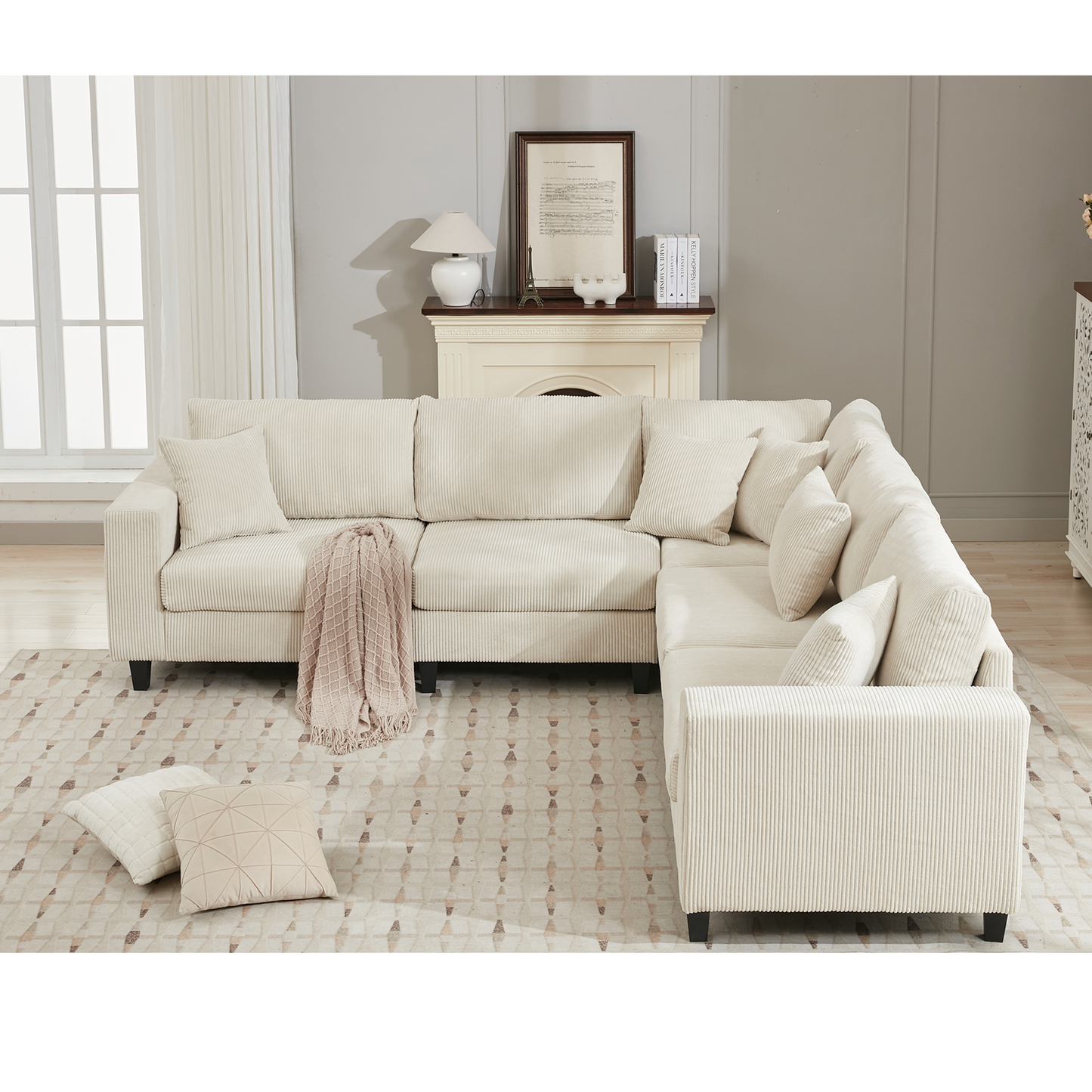 [NEW PACKAGING UPGRADE]Oversized Modular Sectional Sofa Set, L Shaped Couch,Corduroy ,Upholstered,Deep Seat,,5 Seat,5 Throw pillow and 6 back cushion,Living Room, Apartment ,Beige