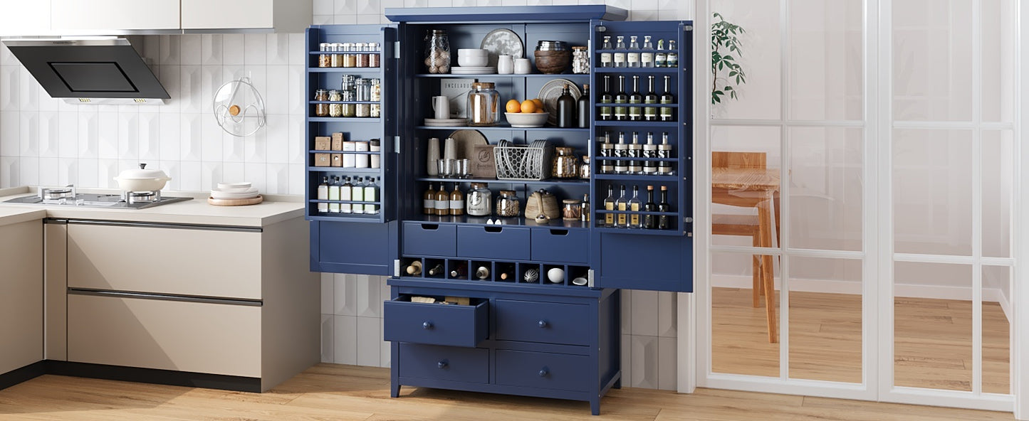 [Assembly&Show Video Available] TOPMAX Freestanding Large Kitchen Pantry Wooden Kitchen Storage Cabinet Cupboard with 8 Door Shelves,3 Adjustable Shelves,7 Drawers& 8 Wine Racks, Blue