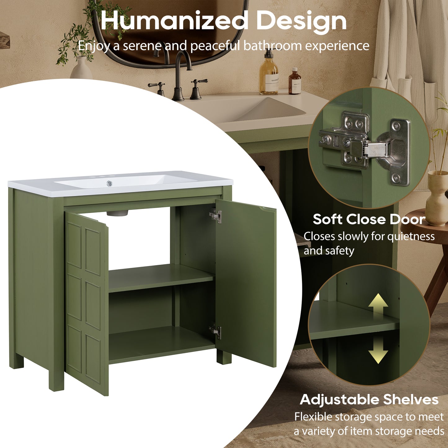 36" Bathroom Vanity Organizer with Sink, Combo Cabinet Set, Bathroom Storage Cabinet, Olive Green