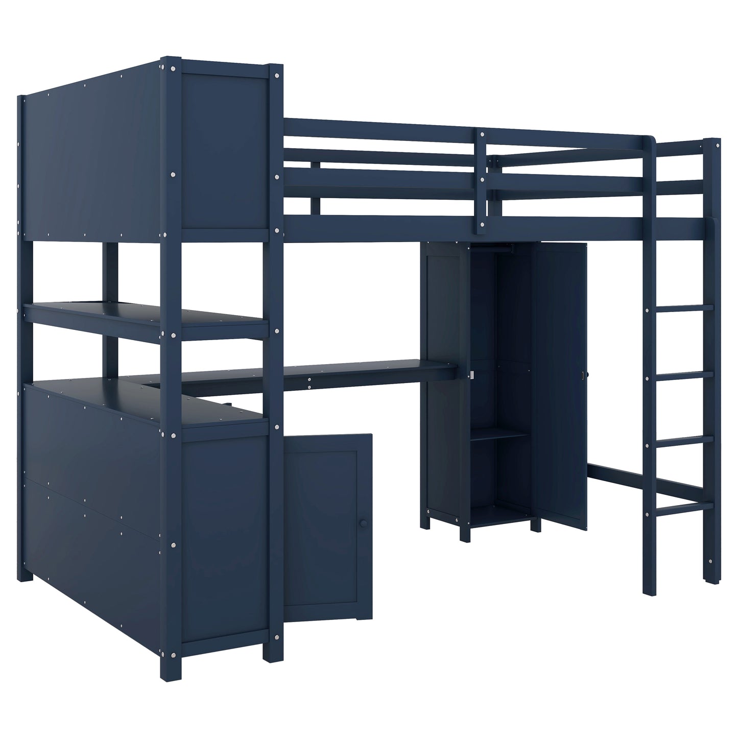 Wood Loft Bed with Cabinet and Bookshelf, Full Size Loft with Wardrobe and Desk for Kids,Dark Blue(Expect Arrival Date 2024/8/25)