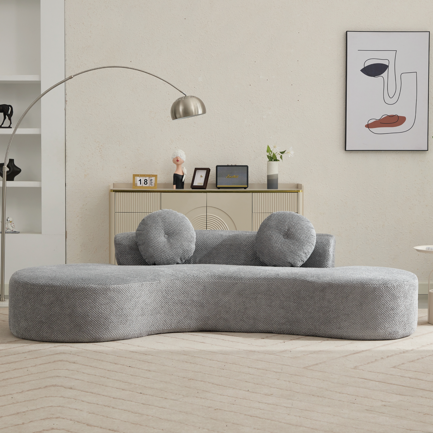 [NEW ARRIVED] [VIDEO PROVIDED]105.5''Curved Sofa, Modern Minimalist Sofa, Cloud Couch Sofa 3-4 Seater Couch with 2 Pillows,Bedroom,  No Assembly Required, Point-shaped corduroy,(Anti-Wrinkle) , Gray