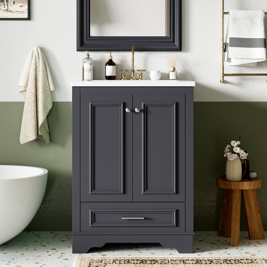 24'' Bathroom Vanity with Ceramic Sink Combo, Modern Freestanding Storage Cabinet  with Silver Handles,  Soft Closing Doors