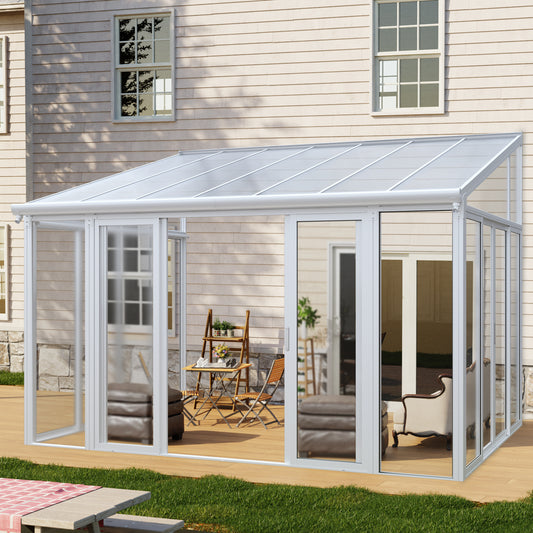 10×14 ft Enclosed Patio Cover with 3 Lockable Sliding Doors, All Season Sunroom with aluminum alloy frame ,Polycarbonate Roof and transparent solid PC endurance panel wall system for Garden Patio Deck