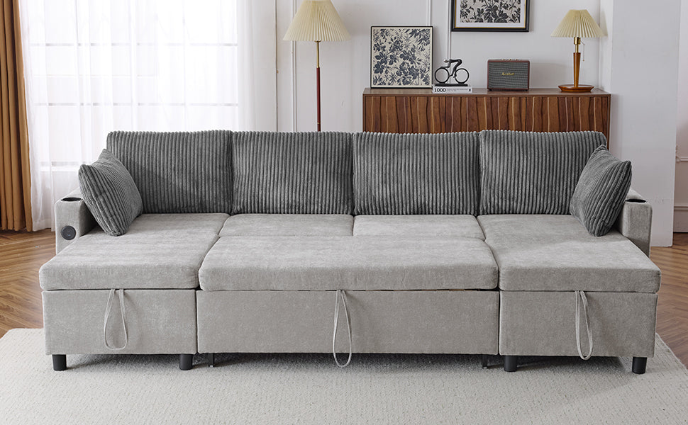 111.8" Sectional Sofa Pull-out Sofa Bed Versatile Sofa Sleeper with Large Storage Space, Two USB Ports and Two Cup Holders for Living Room, Grey