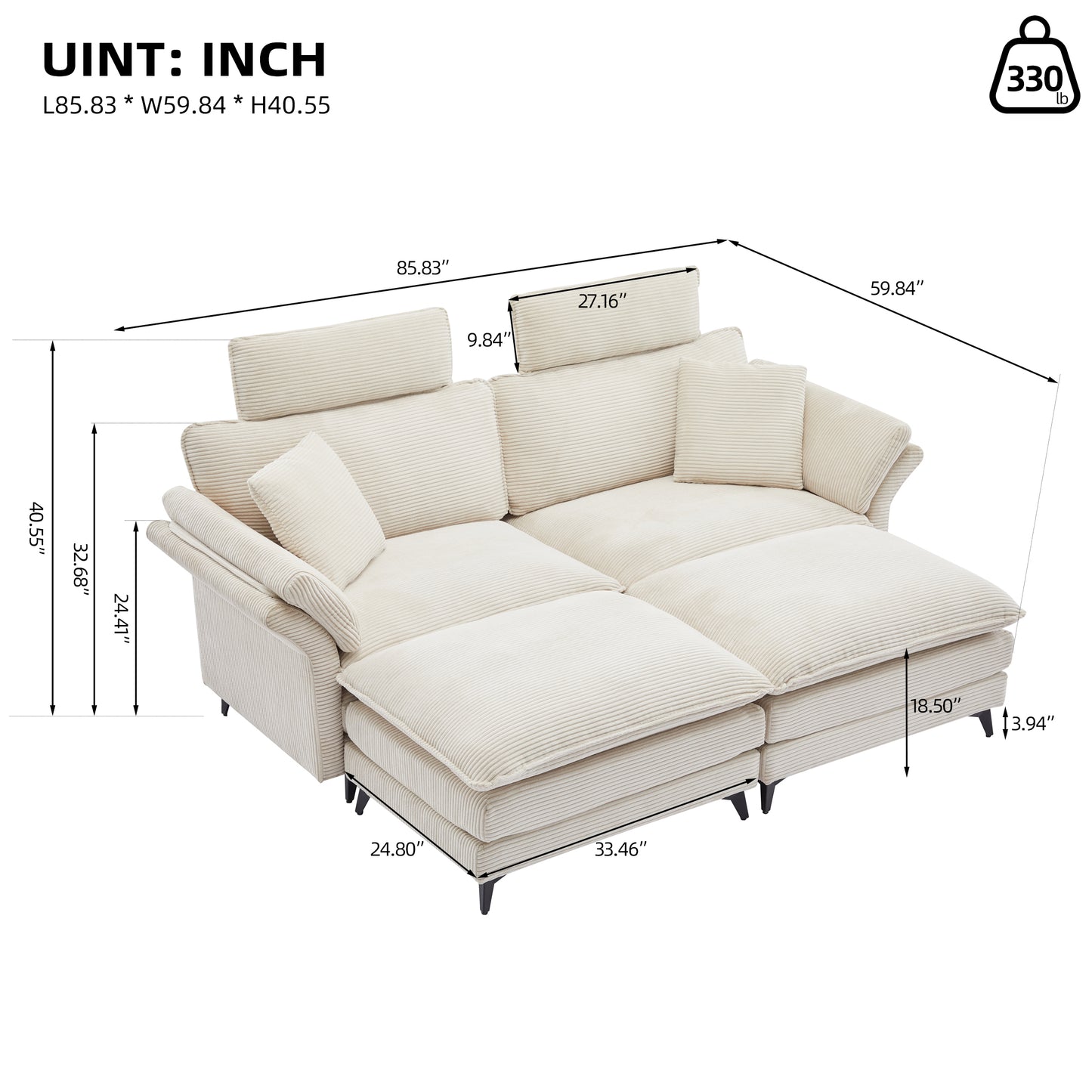 [New] Deep Seat Sectional Sofa, Comfortable Cloud Sofa with Ottomans, loveseat or 4-seater Sofa, 85.8''Modern Corduroy Upholstered Sectional Sofa for Living Room, Apartment, Studio, Office (Beige).