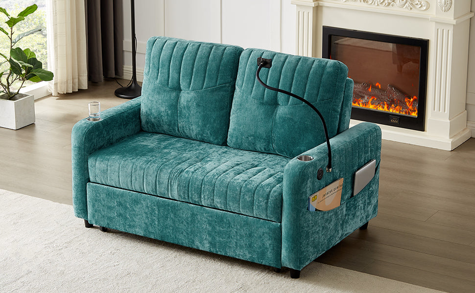 53.9" Modern Loveseat Pull-out Sofa Bed with Adjustable Backrest, Two Cup Holders , a Phone Holder, Three Charging Ports and Side Storage Pockets for Living Room, Teal