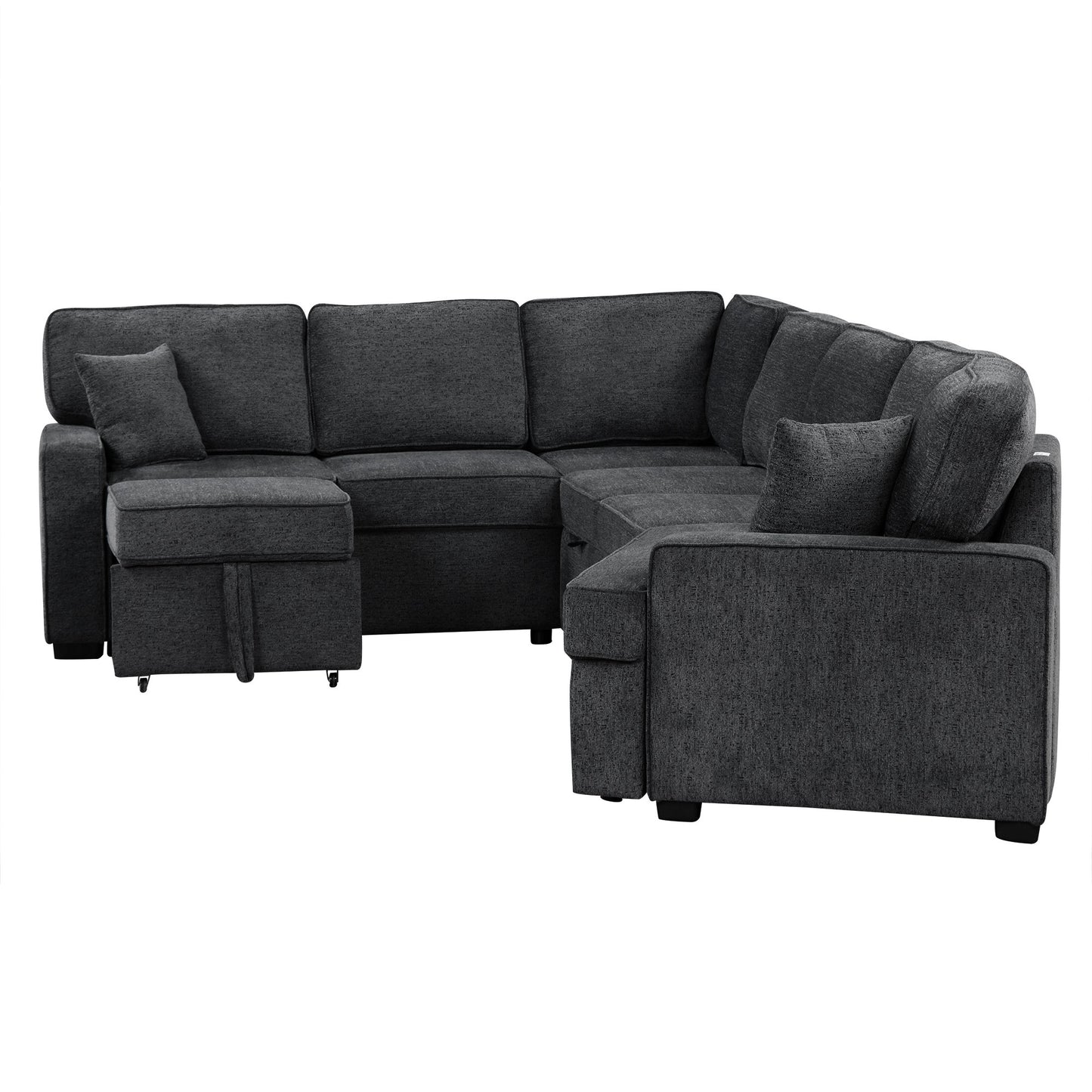 126" L-shaped Sofa Sectional Sofa Couch Pull-out Sofa Bed with Charging Devices and Cup Holders for Living Room, Blue Black