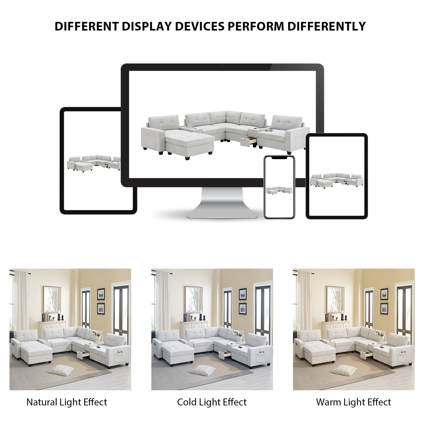 [Video]104'' Sectional Sofa with Acrylic Table Top,Chenille U Shaped Couch Set with 2 Consoles,USB Charger,Storage Drawers and Pockets,Movable Ottoman,Tufted Sofa for Living Room,Apartment,2 Colors