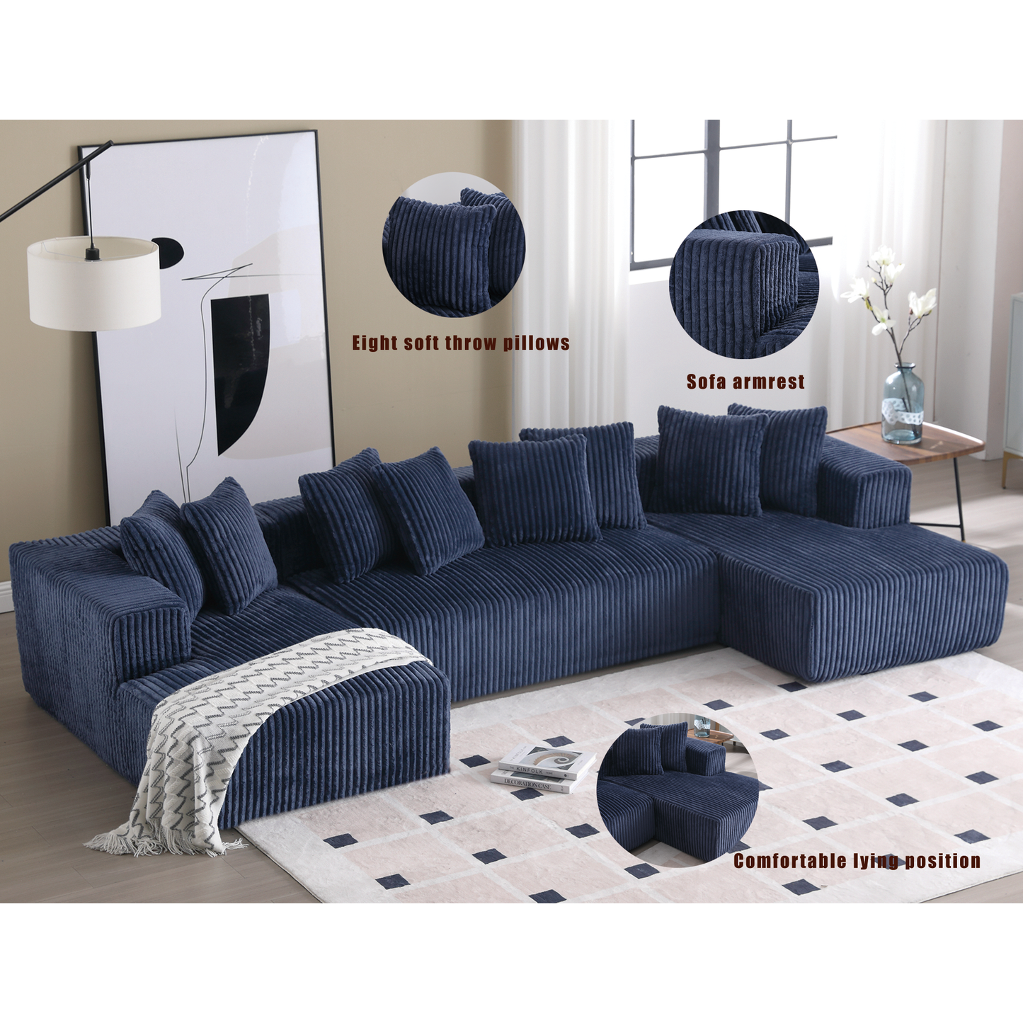 [VIDEO PROVIDED]131'' Modular Sectional Couch, U-shaped sofa , Chaise Lounge, Striped fabric,Upholstered 4 Seater Couch for Living Room, Bedroom, Free Combination Sofa (Corduroy), Blue