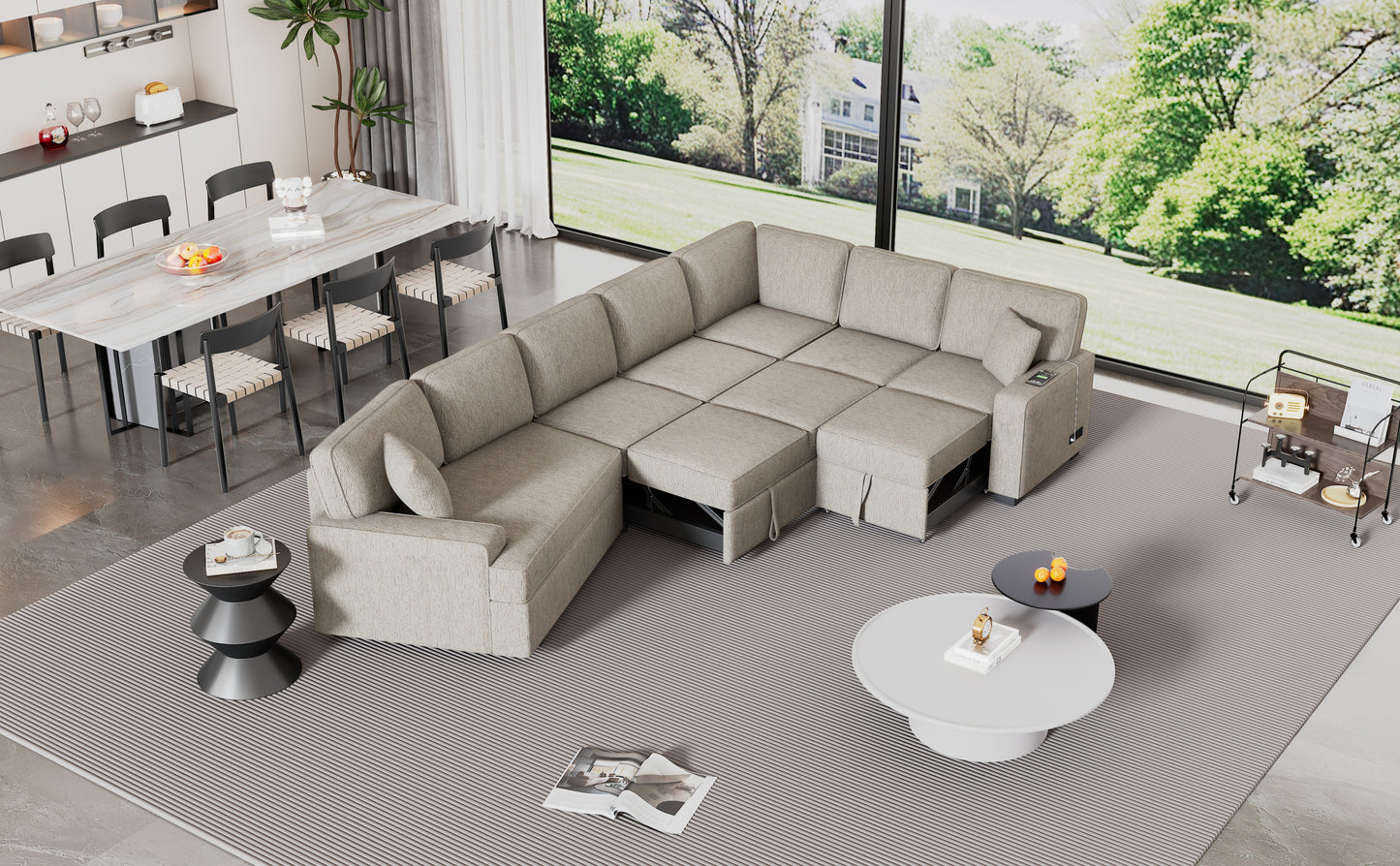 126" L-shaped Sofa Sectional Sofa Couch Pull-out Sofa Bed with Charging Devices and Cup Holders for Living Room, Beige