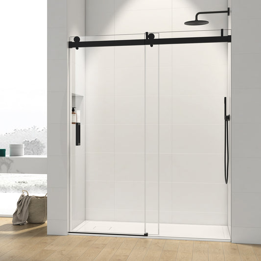 50-60 x 76 Inch Single Sliding Frameless Shower Door in Matte Black with Soft-Closing and 3/8 Inch Clear Glass