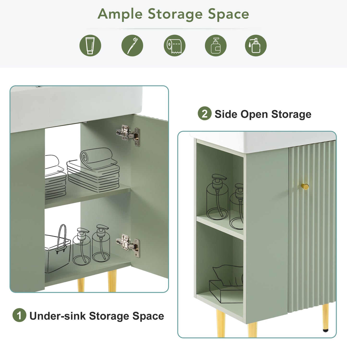 21.6" Green Bathroom vanity, Combo Cabinet, Bathroom Storage Cabinet, Single Ceramic Sink, Left side storage