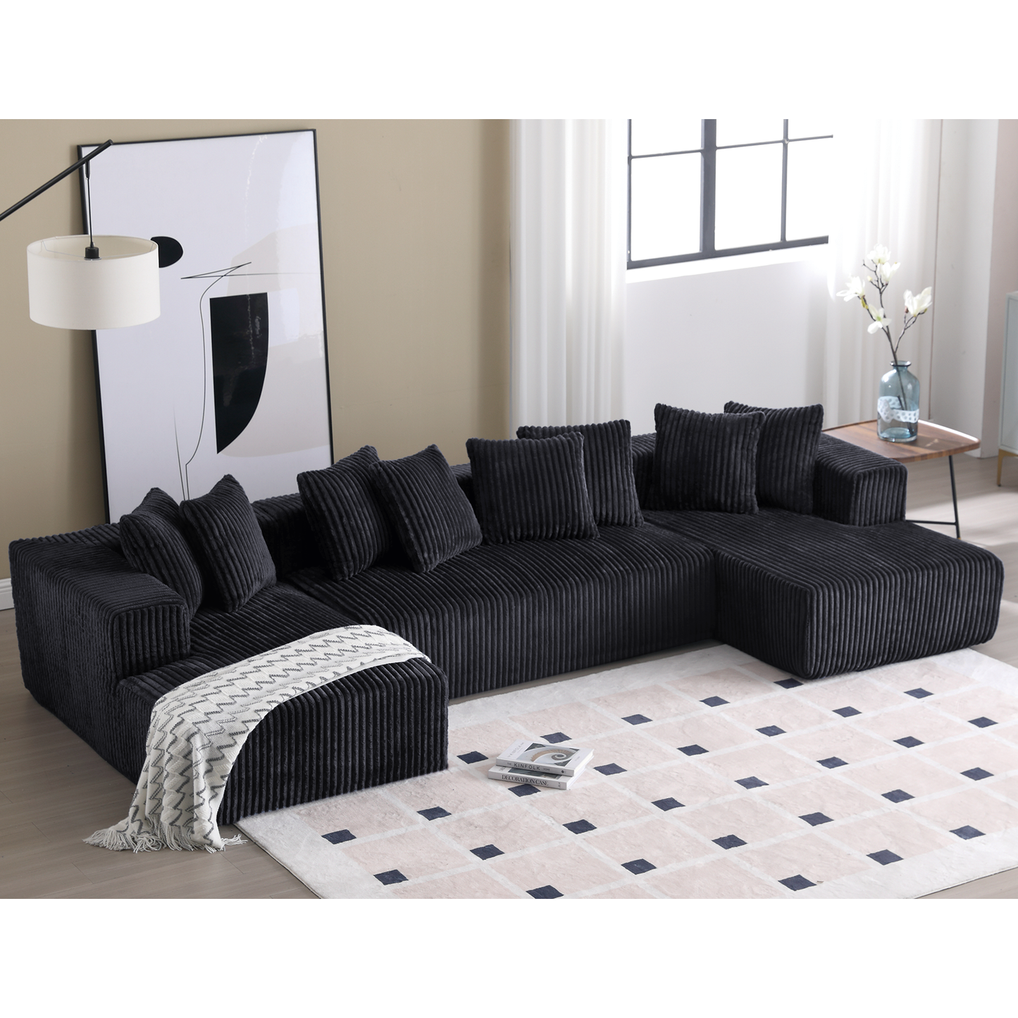 [NEW ARRIVED] [VIDEO PROVIDED]131'' Modular Sectional Couch, U-shaped sofa , Chaise Lounge, Striped fabric,Upholstered 4 Seater Couch for Living Room, Bedroom, Free Combination Sofa (Corduroy),Black