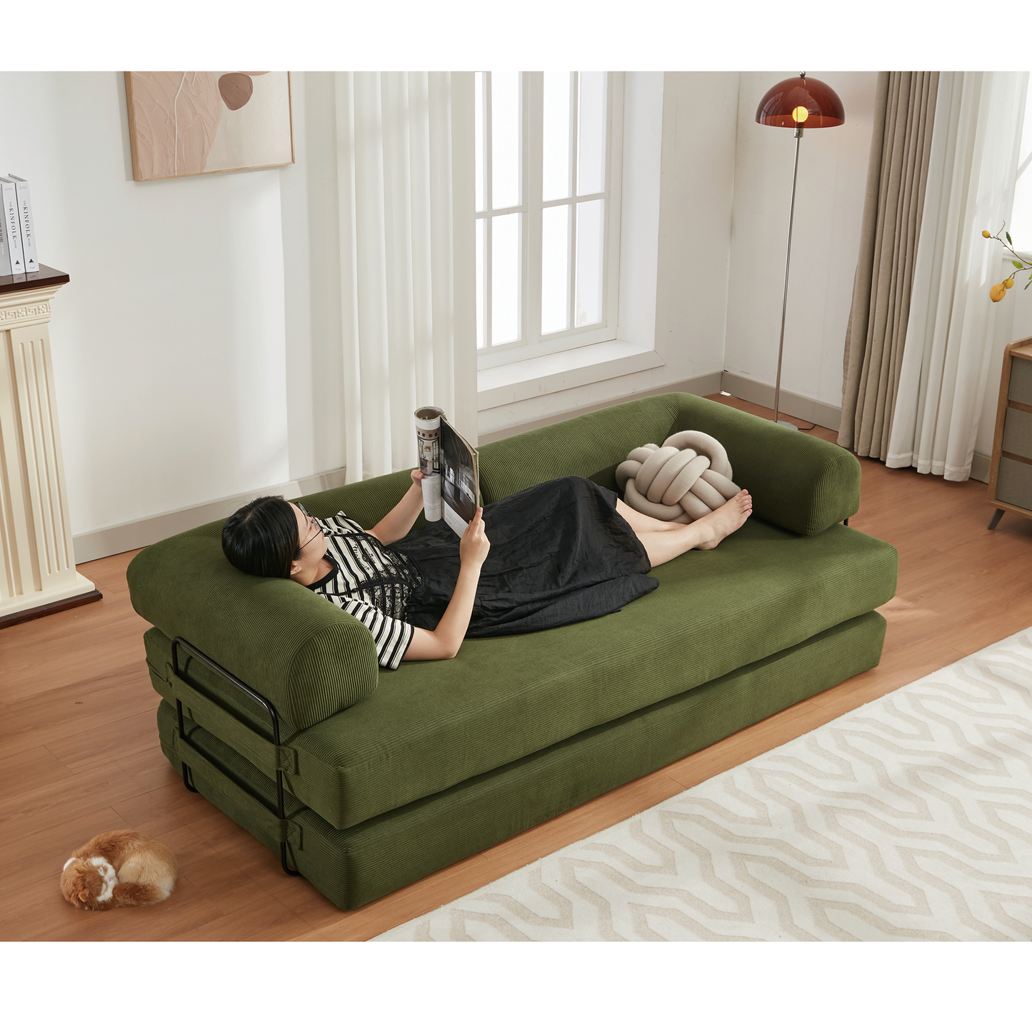 [NEW ARRIVED] [VIDEO PROVIDED] 78.5" Folding Convertible Out Sleeper Sofa Bed,4-in-1 DIY Combination Convertible  Sofa, 3 seat, Folding Sleeper Sofa, King Size , Bedroom,Apartment,Corduroy,Green