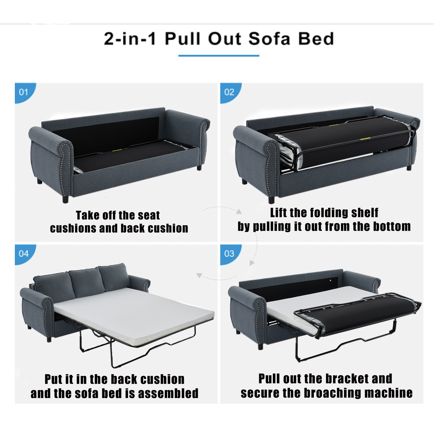 [NEW ARRIVED] [VIDEO PROVIDED] 81.5" 2-in-1 Queen  Convertible Sleeper Sofa Bed,  Pull Out Couch Bed,3 seater sofa bed,with 3.35" Memory Foam Mattress ,Rivet handrail,Living Room, Apartment, Dark Gray