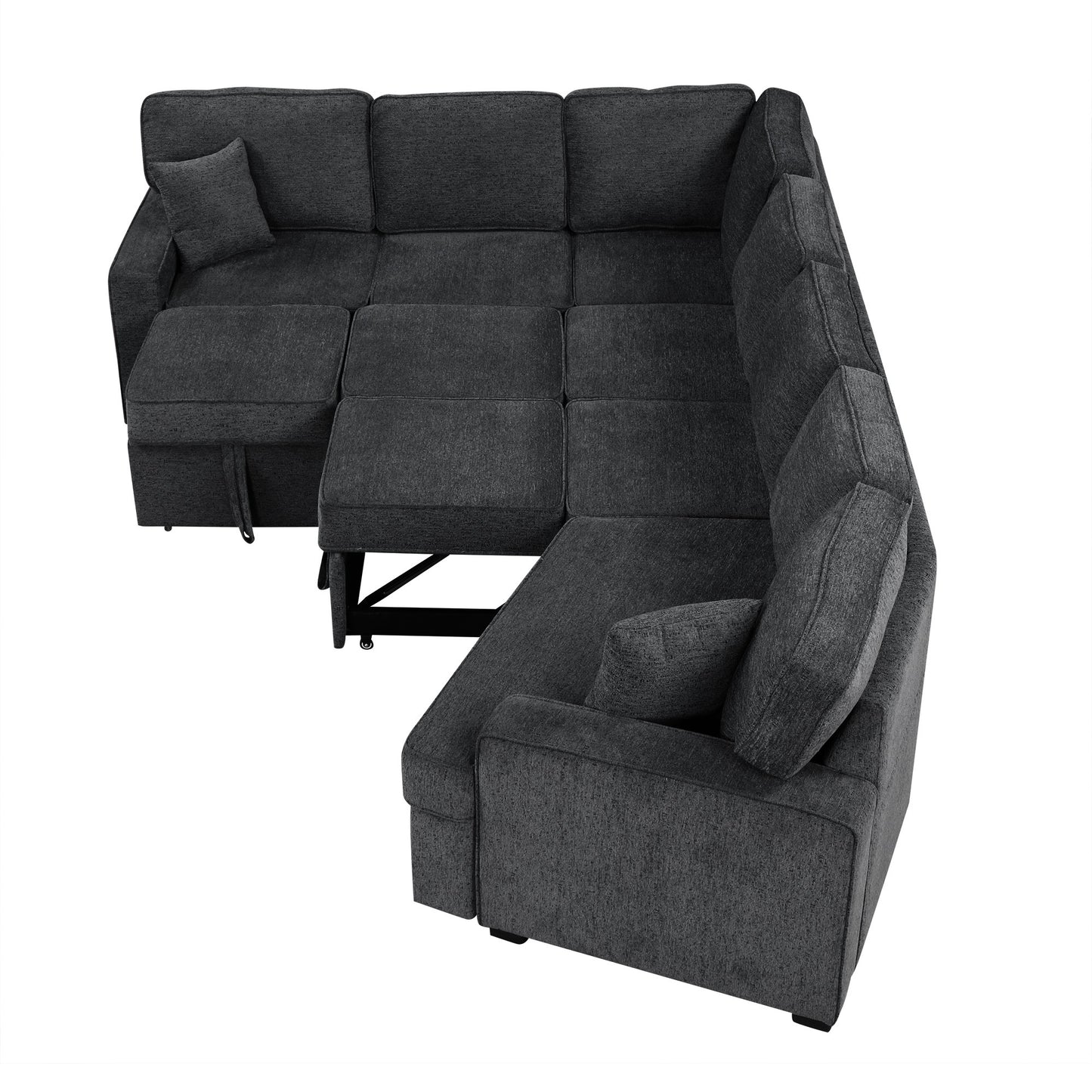 126" L-shaped Sofa Sectional Sofa Couch Pull-out Sofa Bed with Charging Devices and Cup Holders for Living Room, Blue Black