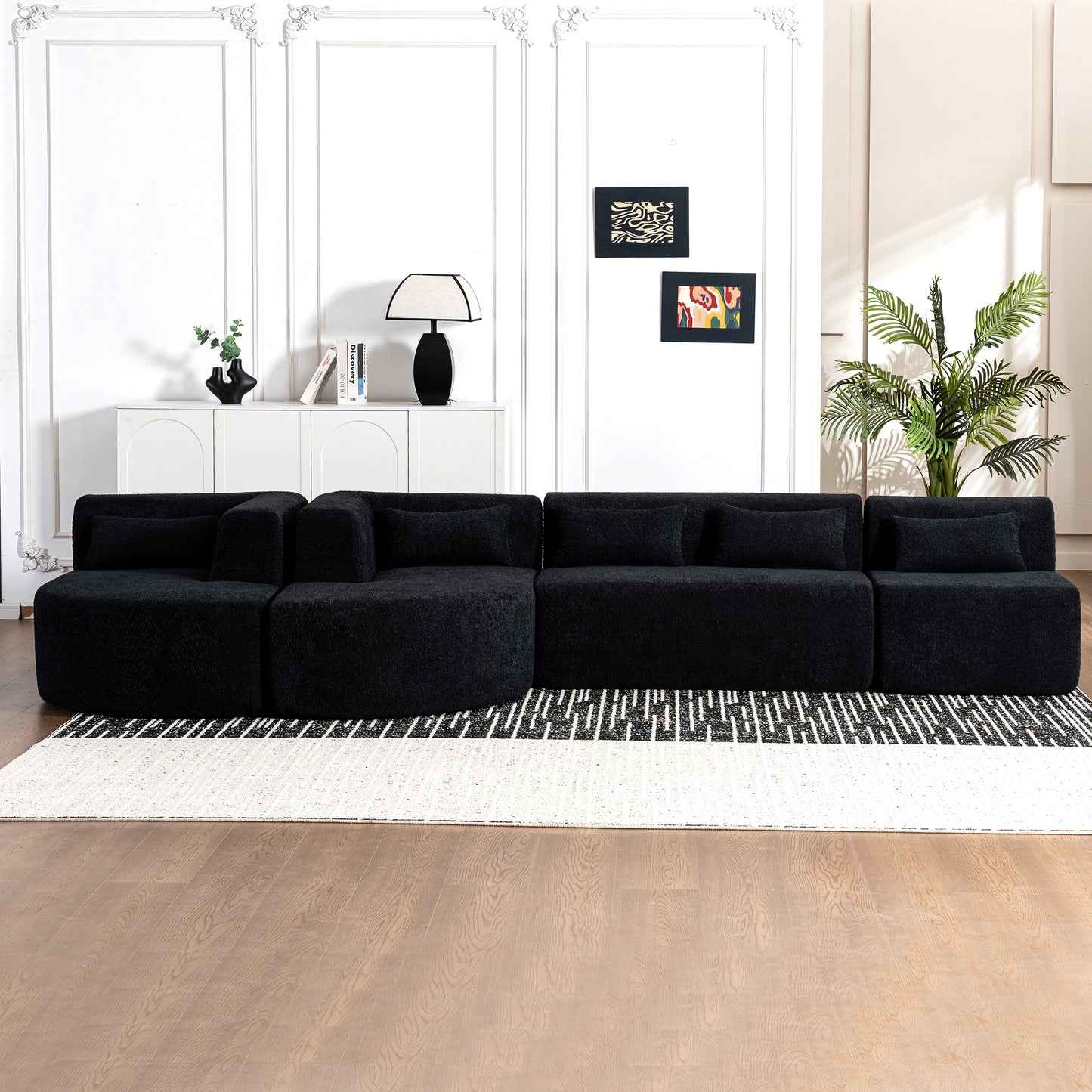 143.7" Upholstered Sofa Free-combined Sofa Couch with Two Chaise Lounge and Five Back Pillows for Living Room, Black