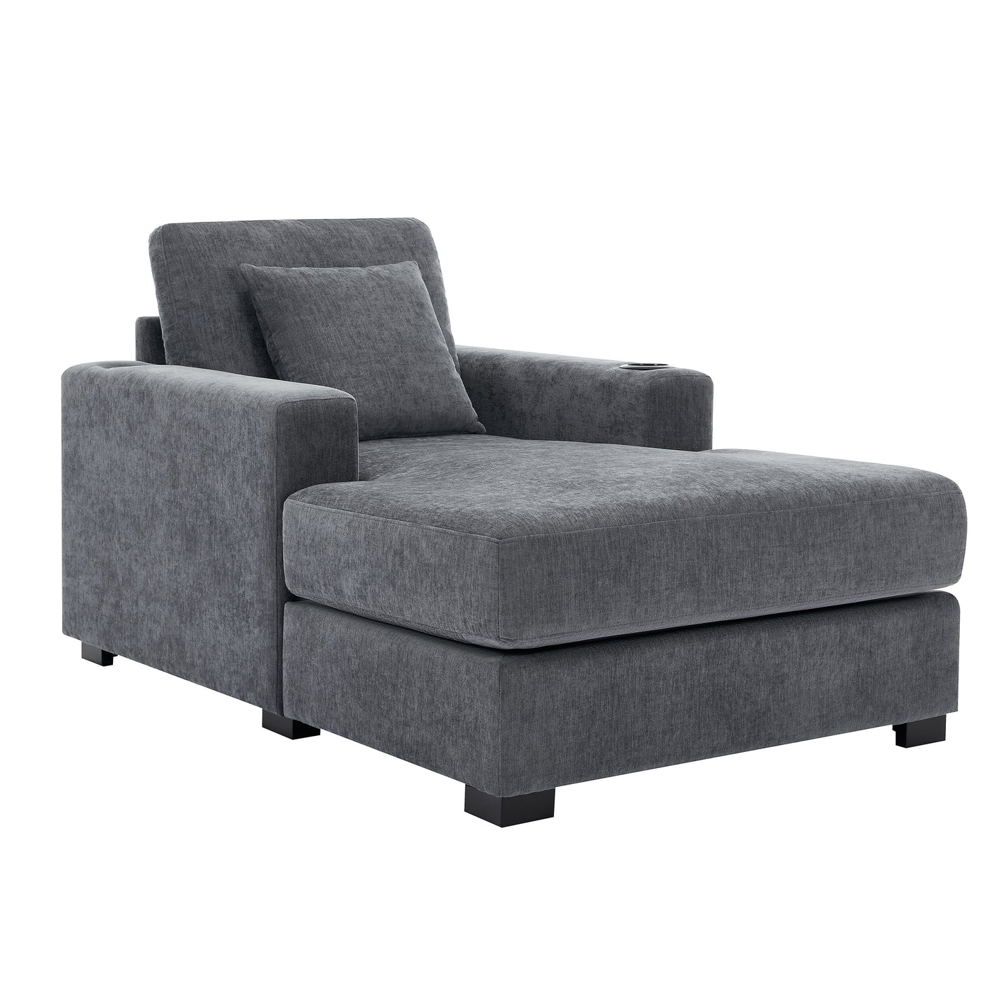 39.7" Oversized Chaise Lounger Modern Style Sofa Couch ,with Pillows, Charge Station & Cup Holders, Chenille Fabric, Blue Gray