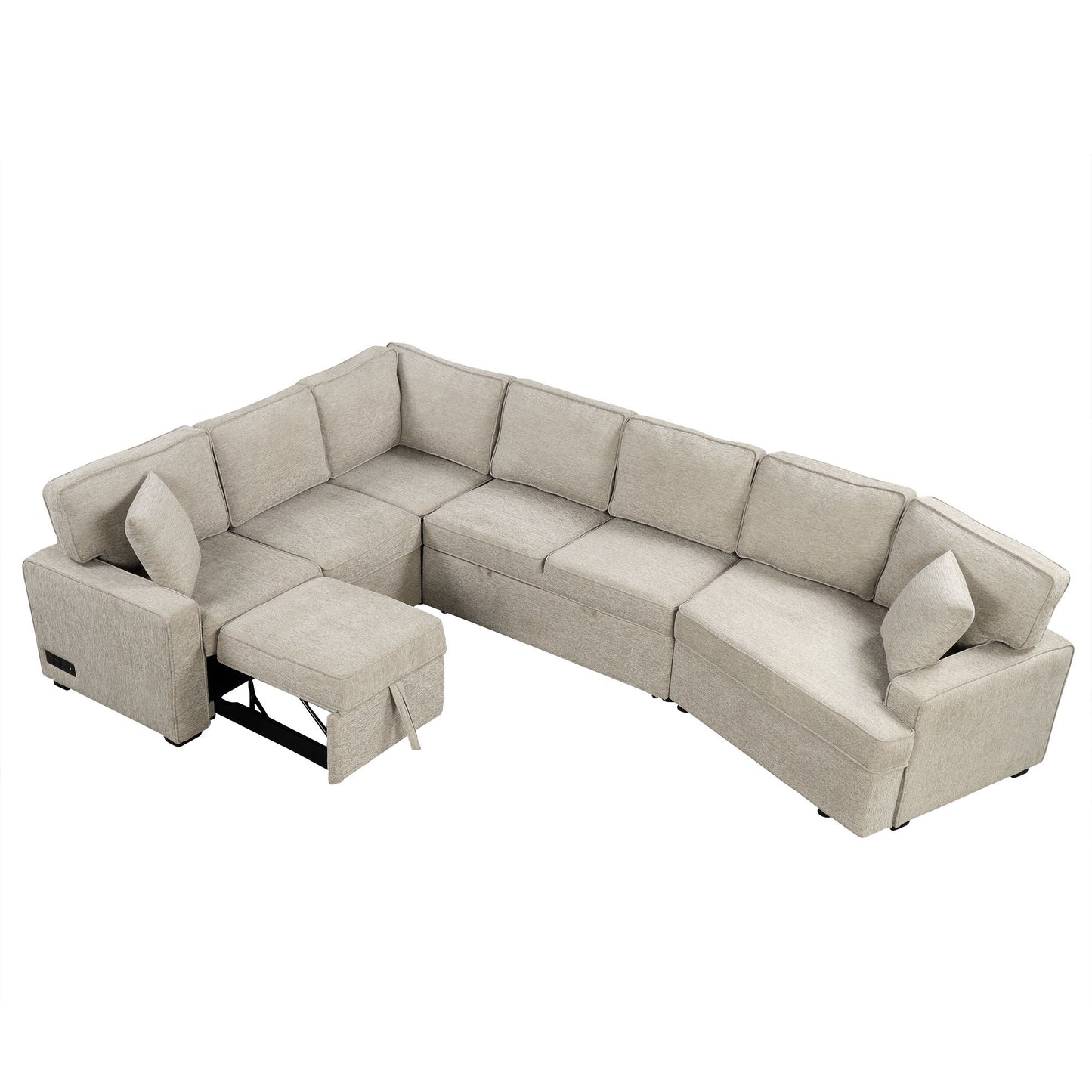 126" L-shaped Sofa Sectional Sofa Couch Pull-out Sofa Bed with Charging Devices and Cup Holders for Living Room, Beige