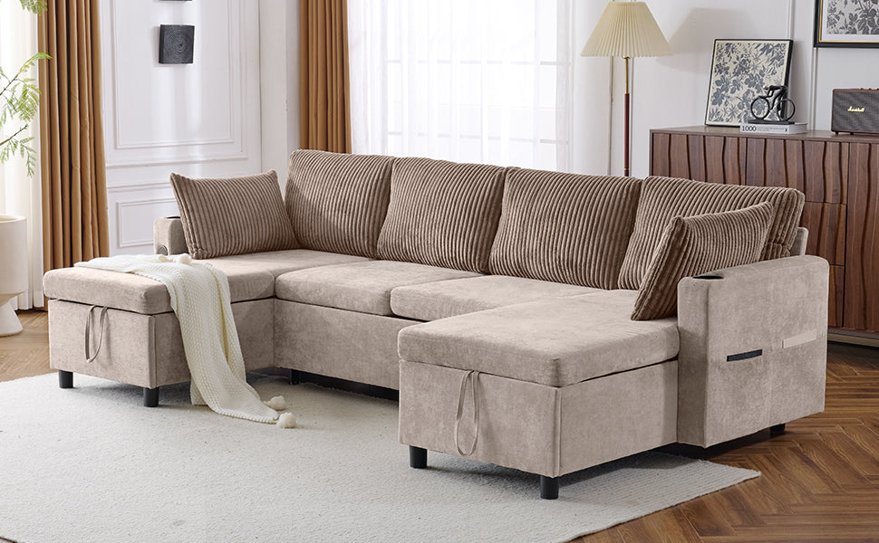 111.8" Sectional Sofa Pull-out Sofa Bed Versatile Sofa Sleeper with Large Storage Space, Two USB Ports and Two Cup Holders for Living Room, Brown