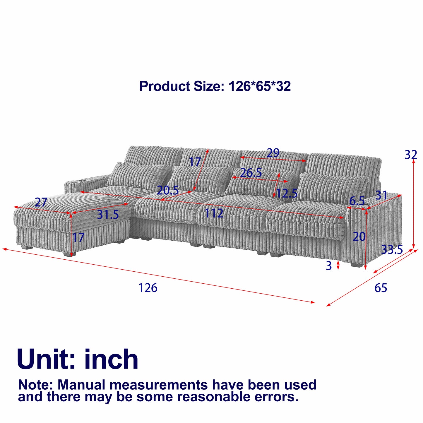 126-inch Corduroy With Cup Holder Super Large L-Shaped Sofa, Movable Footrest, Four Waist Pillows And Four Back Cushion, With USB Port And Type-C Port