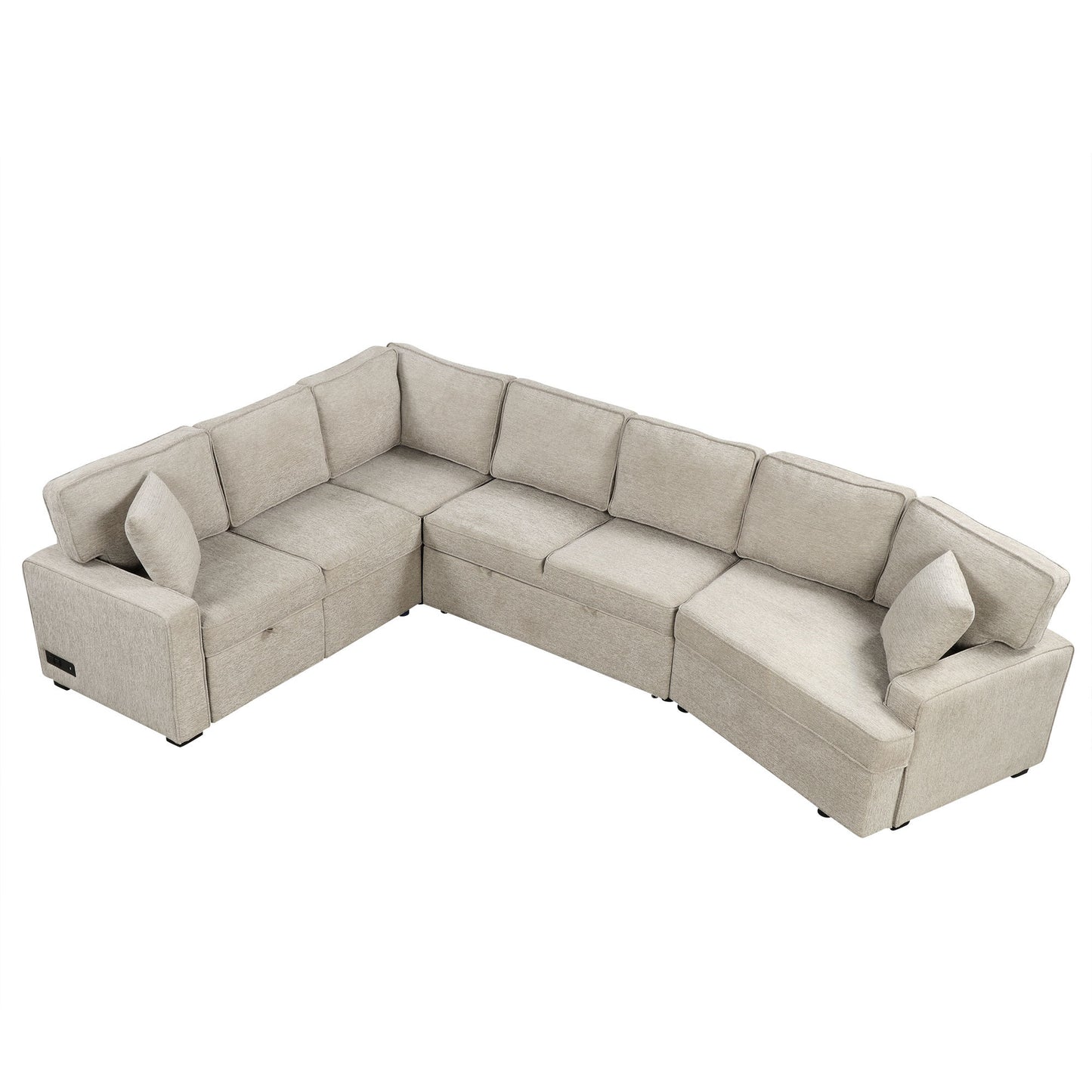 126" L-shaped Sofa Sectional Sofa Couch Pull-out Sofa Bed with Charging Devices and Cup Holders for Living Room, Beige