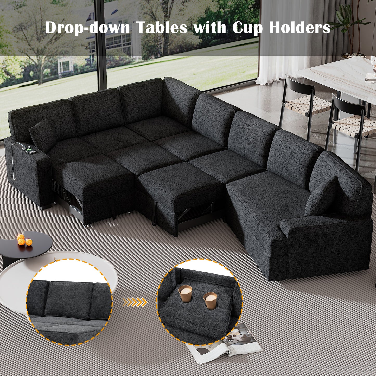 126" L-shaped Sofa Sectional Sofa Couch Pull-out Sofa Bed with Charging Devices and Cup Holders for Living Room, Blue Black