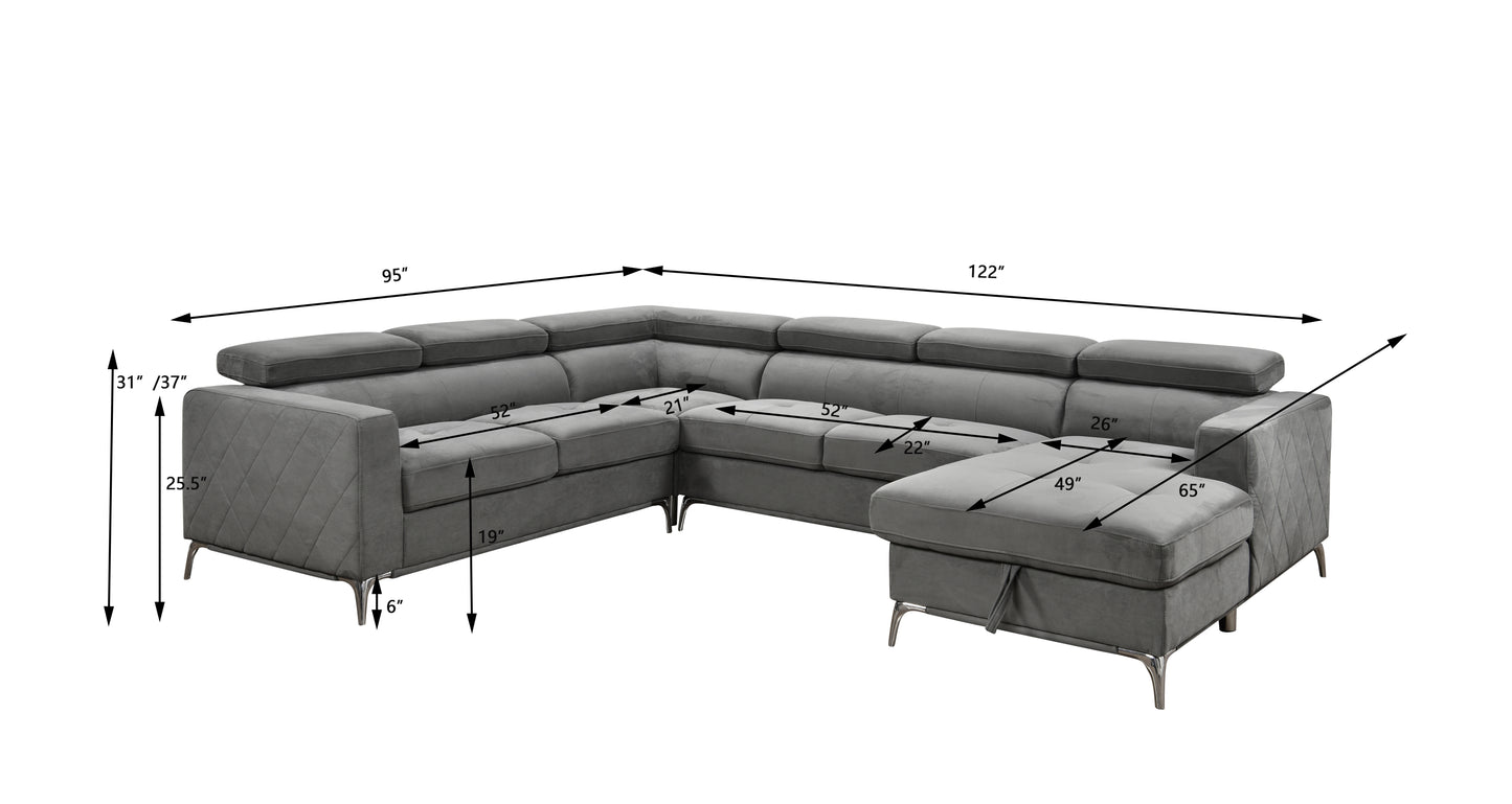 122 inch Oversized Sectional Sofa Couch with Chaise Storage, Contemporary U-Shaped 7-Seater Sofa with Adjustable Headrests for Living Room,Gray