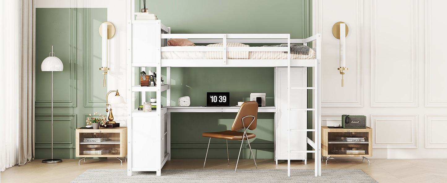 Wood Loft Bed with Cabinet and Bookshelf, Full Size Loft with Wardrobe and Desk for Kids,White (Expect Arrival Date 2024/8/25)