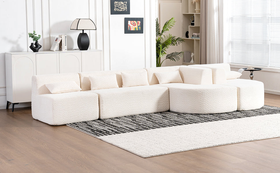 143.7" Upholstered Sofa Free-combined Sofa Couch with Two Chaise Lounge and Five Back Pillows for Living Room, Beige